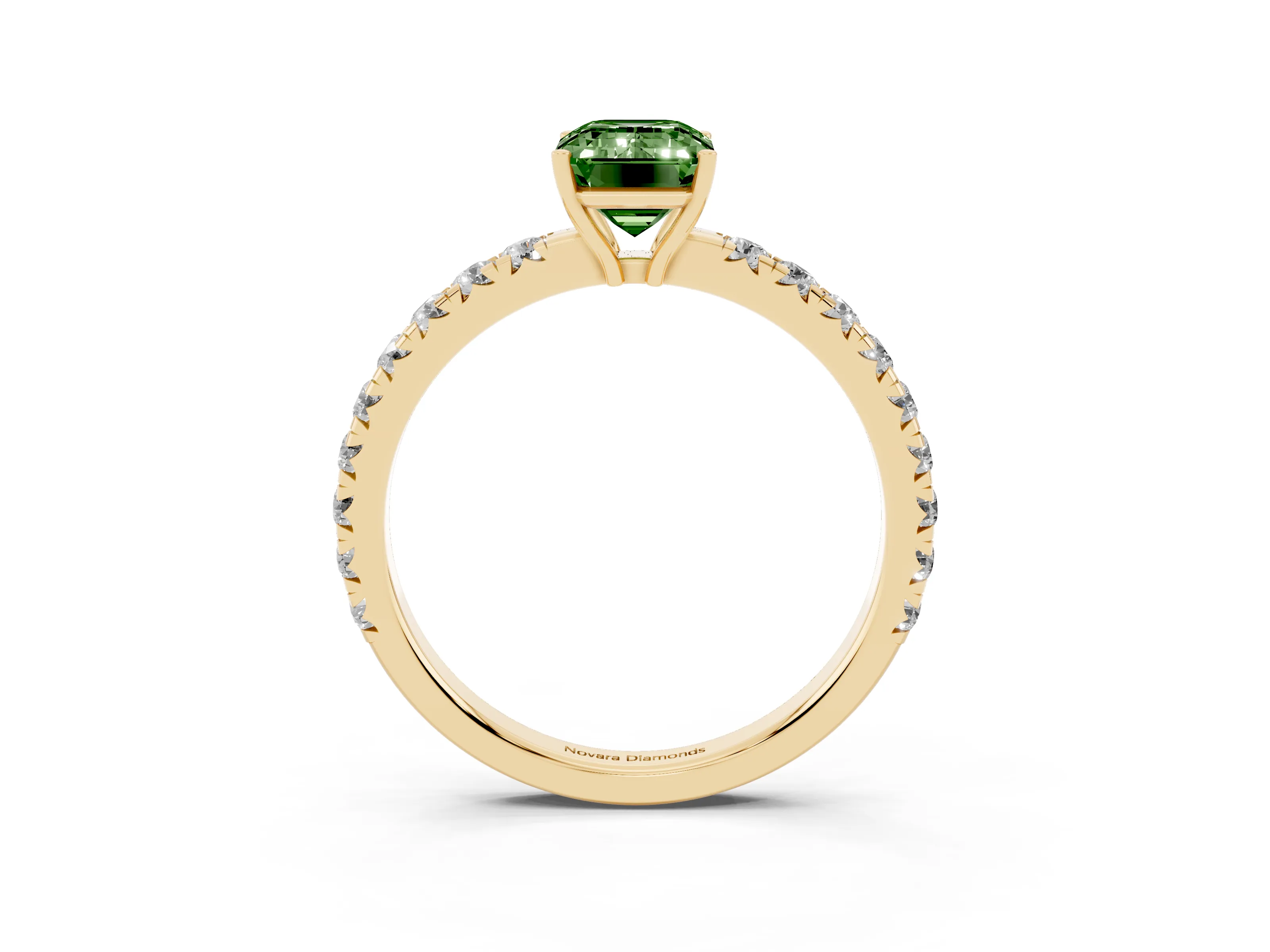 Fancy Green Emerald Cut Diamond Pavé Solitaire Engagement Ring Set in Yellow gold with Prong Setting