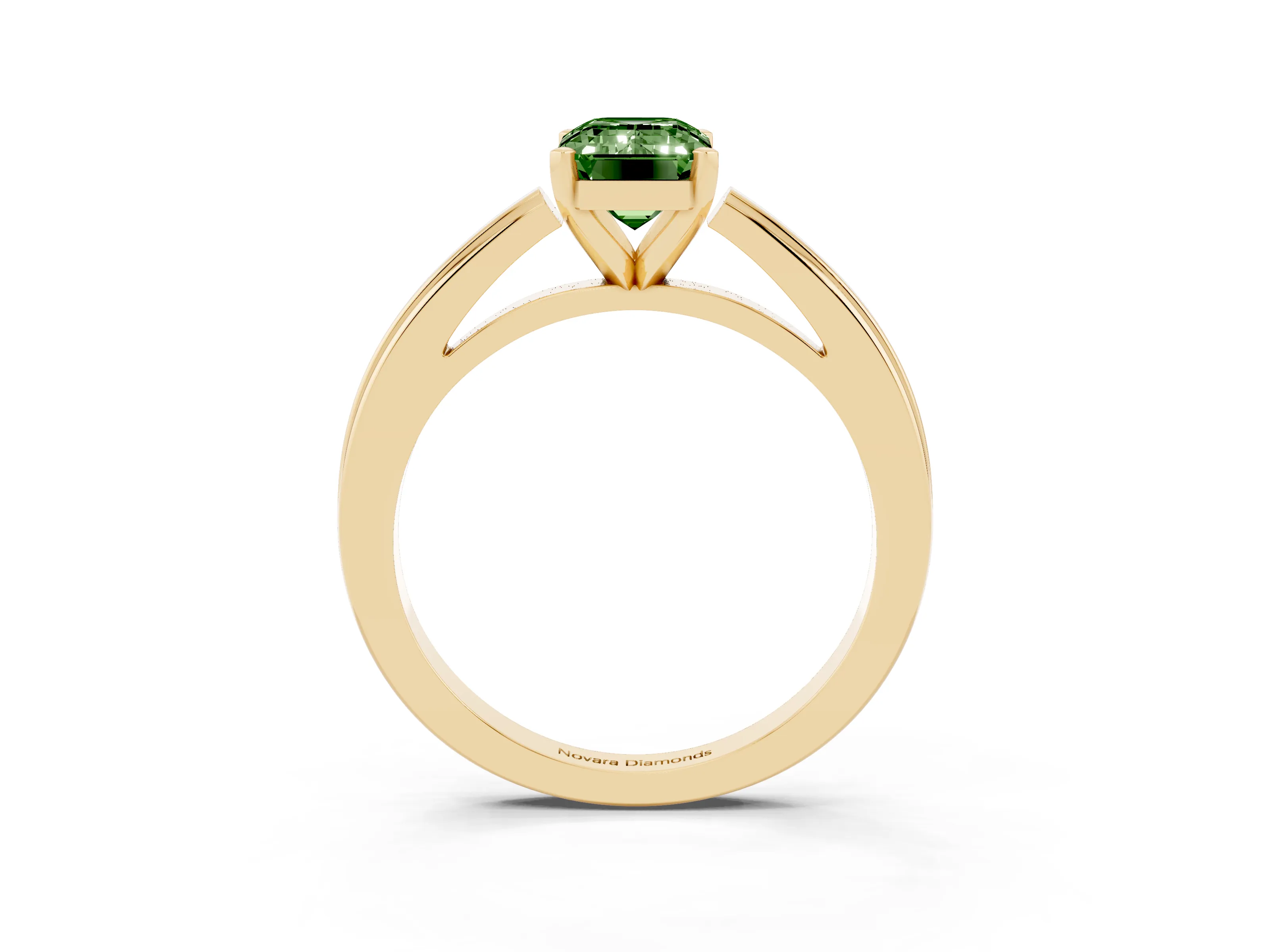 Fancy Green Emerald Cut Diamond Solitaire Ring Set in Yellow gold with Prong Setting and Classic Band
