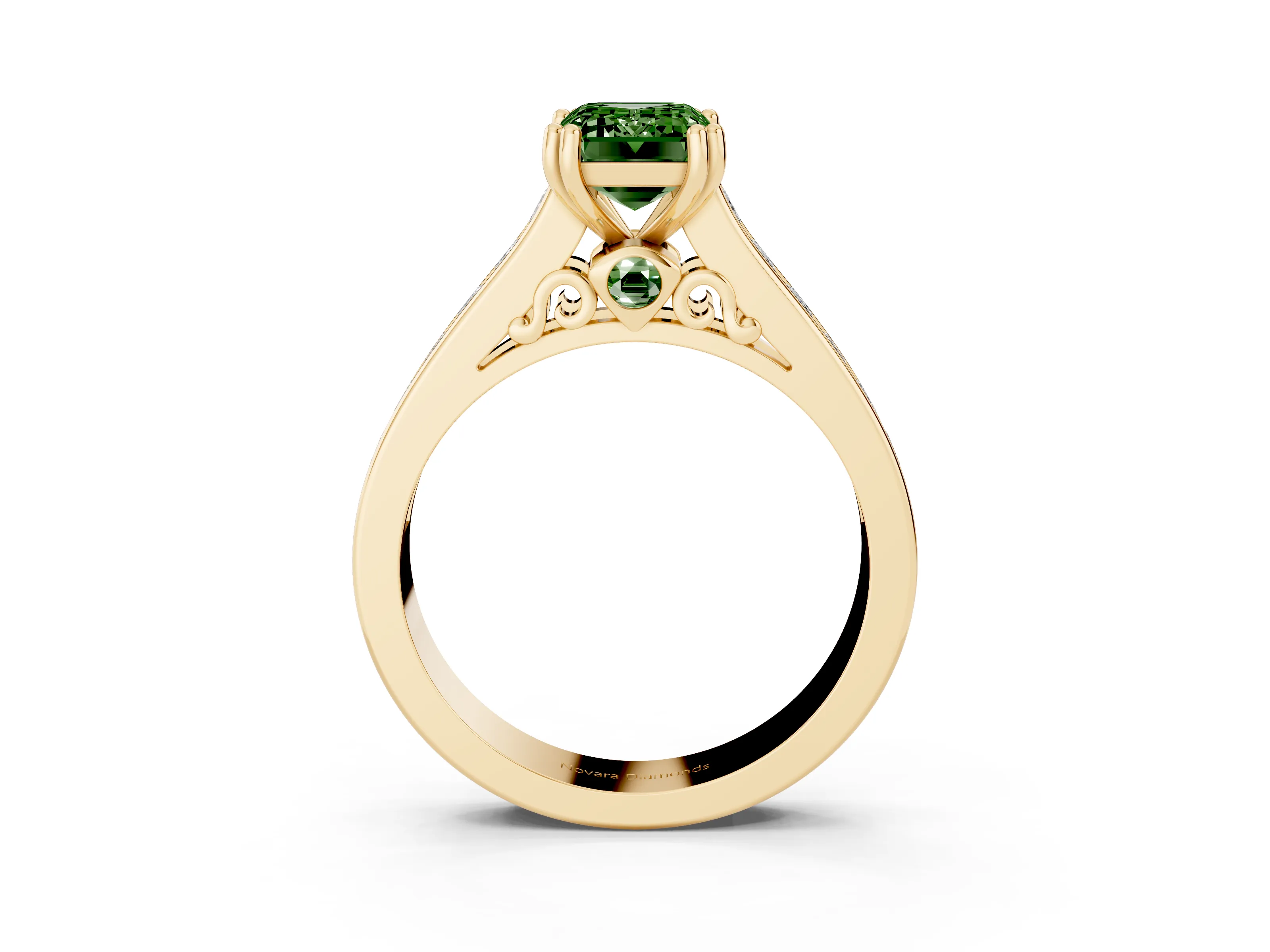 Fancy Green Emerald Cut Diamond Channel Set Solitaire Engagement Ring Set in Yellow gold with Prong Setting