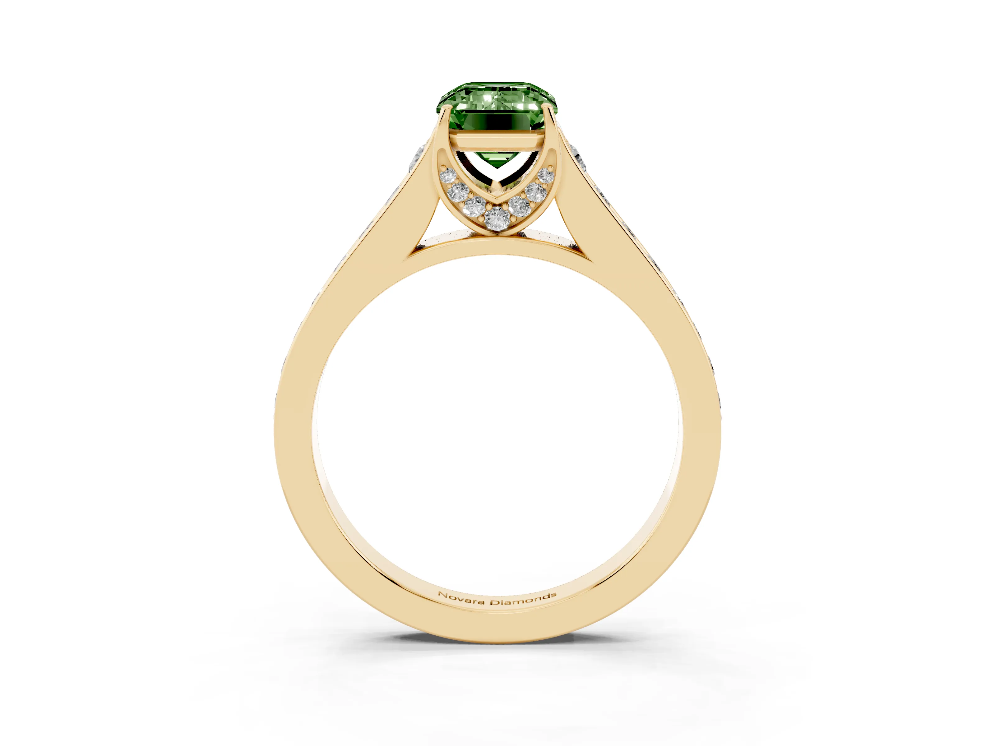 Fancy Green Emerald Cut Diamond Solitaire Pavé Engagement Ring Set in Yellow gold with Prong Setting