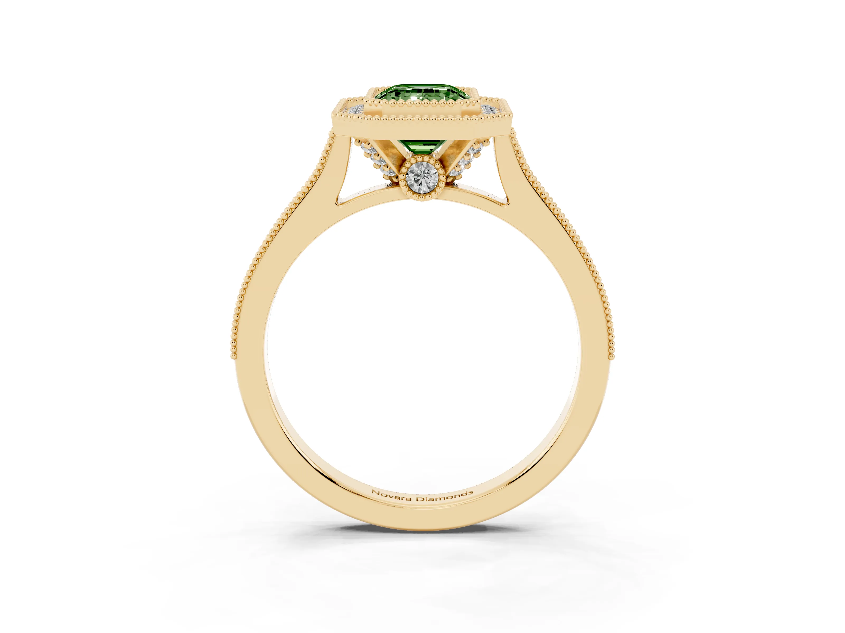 Fancy Green Emerald Cut Diamond Halo Milgrain Pavé Band Ring Set in Yellow gold with Prong Setting