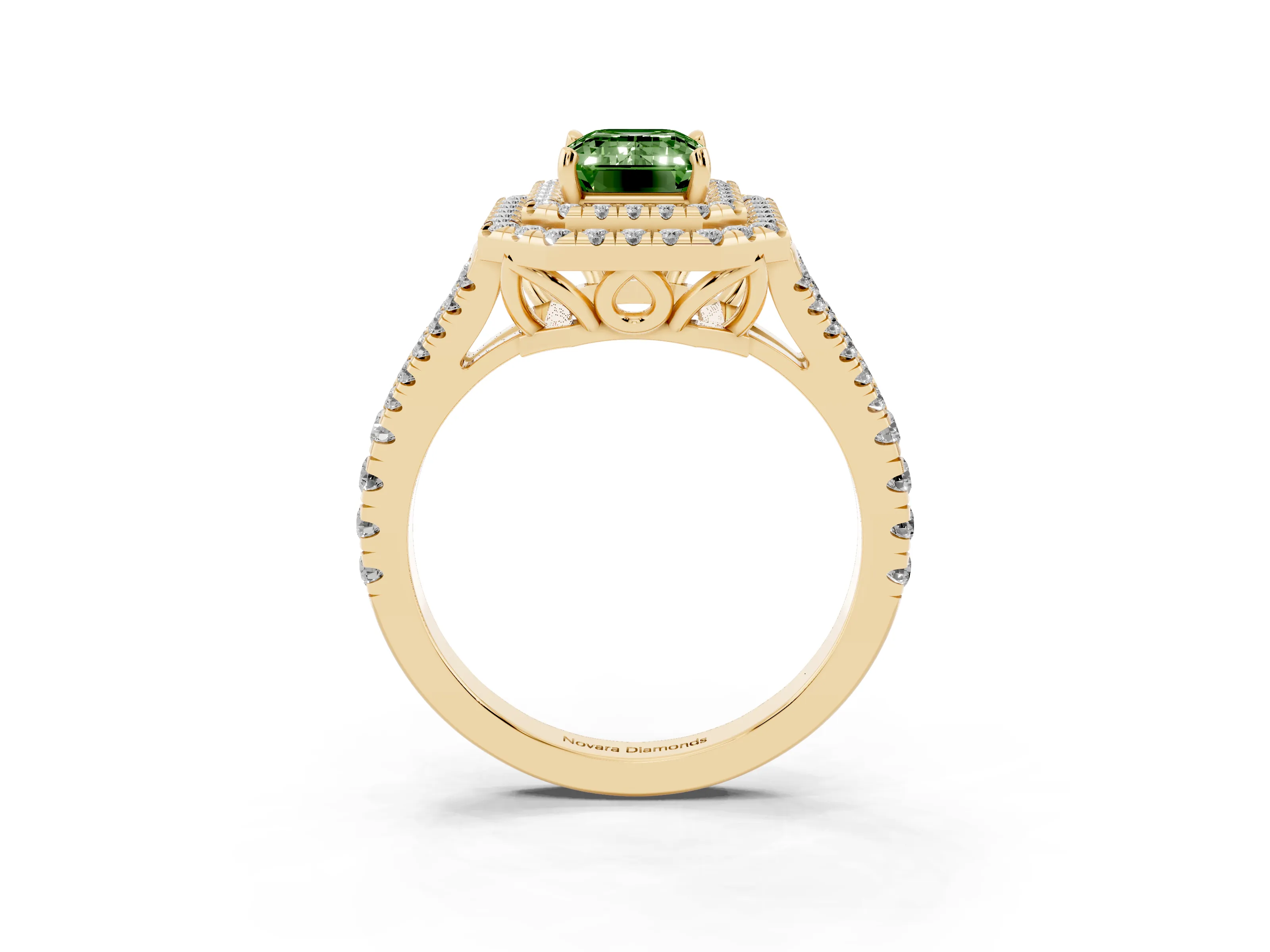 Fancy Green Emerald Cut Diamond Double Halo Ring Set in Yellow gold with Pavé Band
