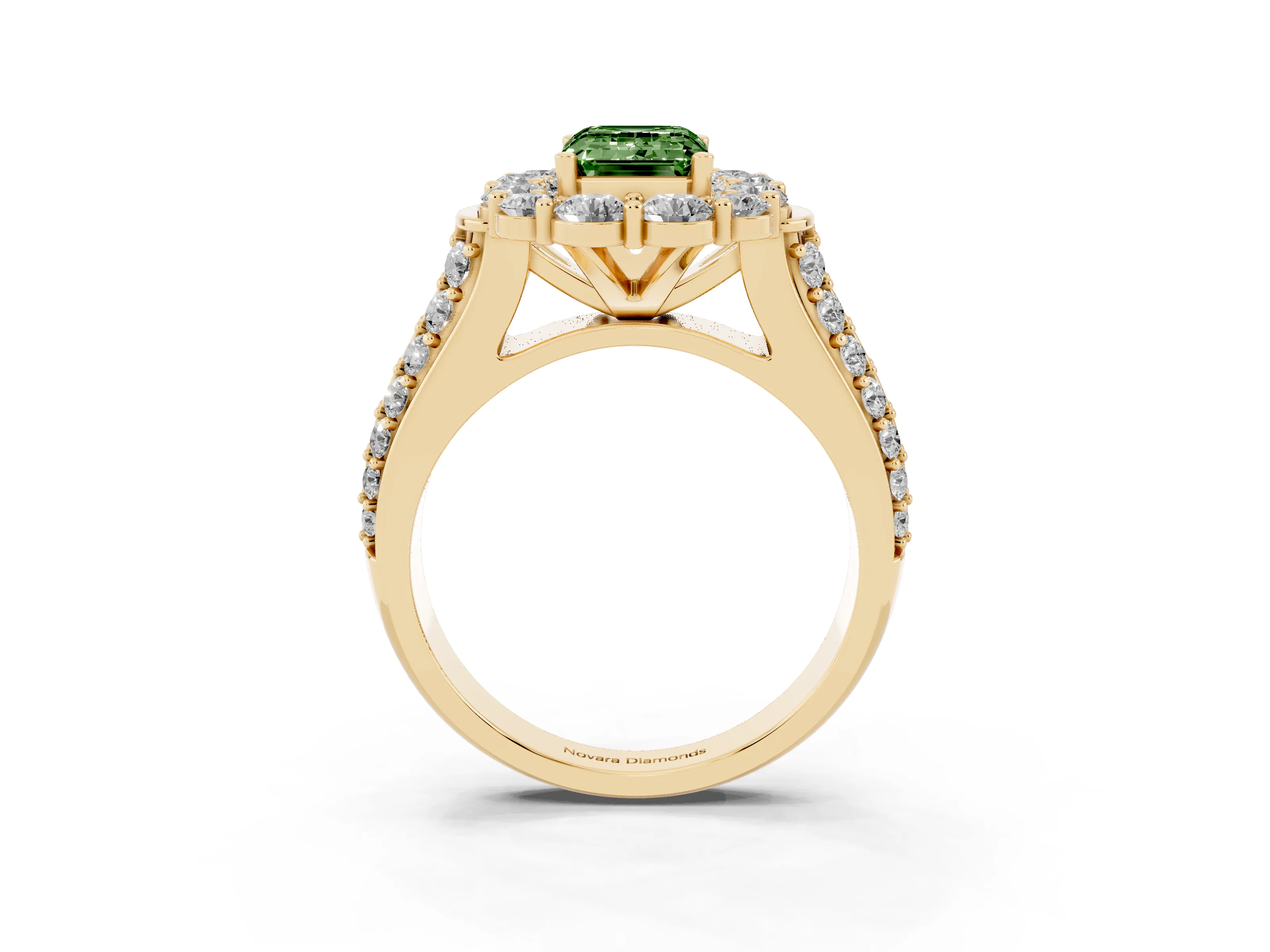 Fancy Green Emerald Cut Diamond Halo Engagement Ring Set in Yellow gold with Split Shank and Prong Setting