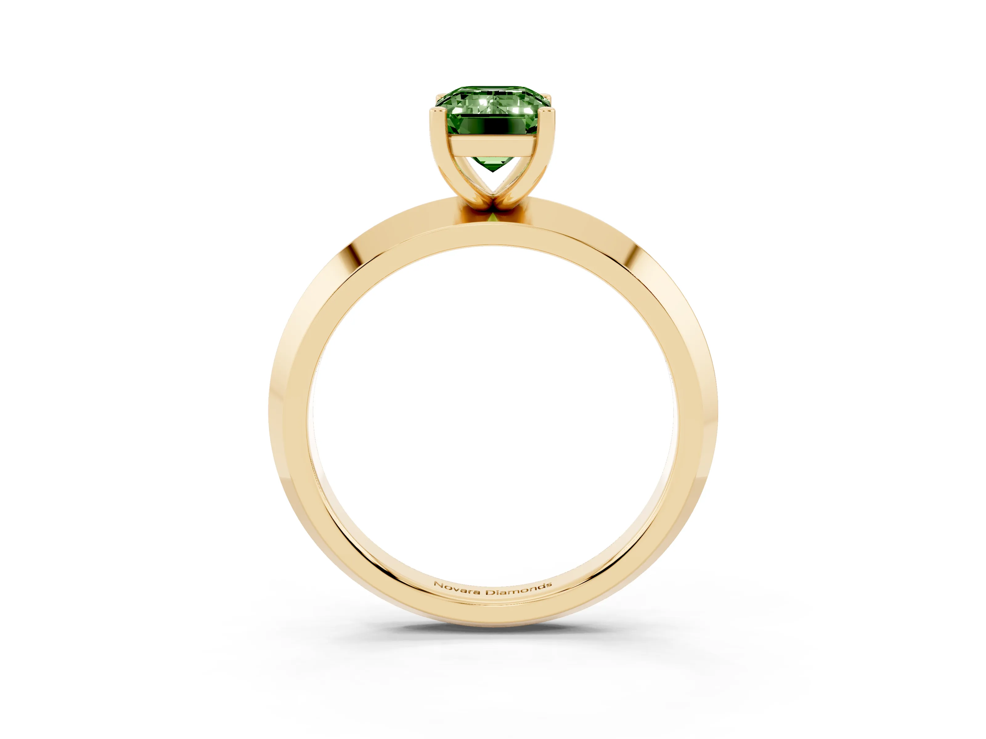 Fancy Green Emerald Cut Diamond Solitaire Engagement Ring Set in Yellow gold with Flat Band and Prong Setting