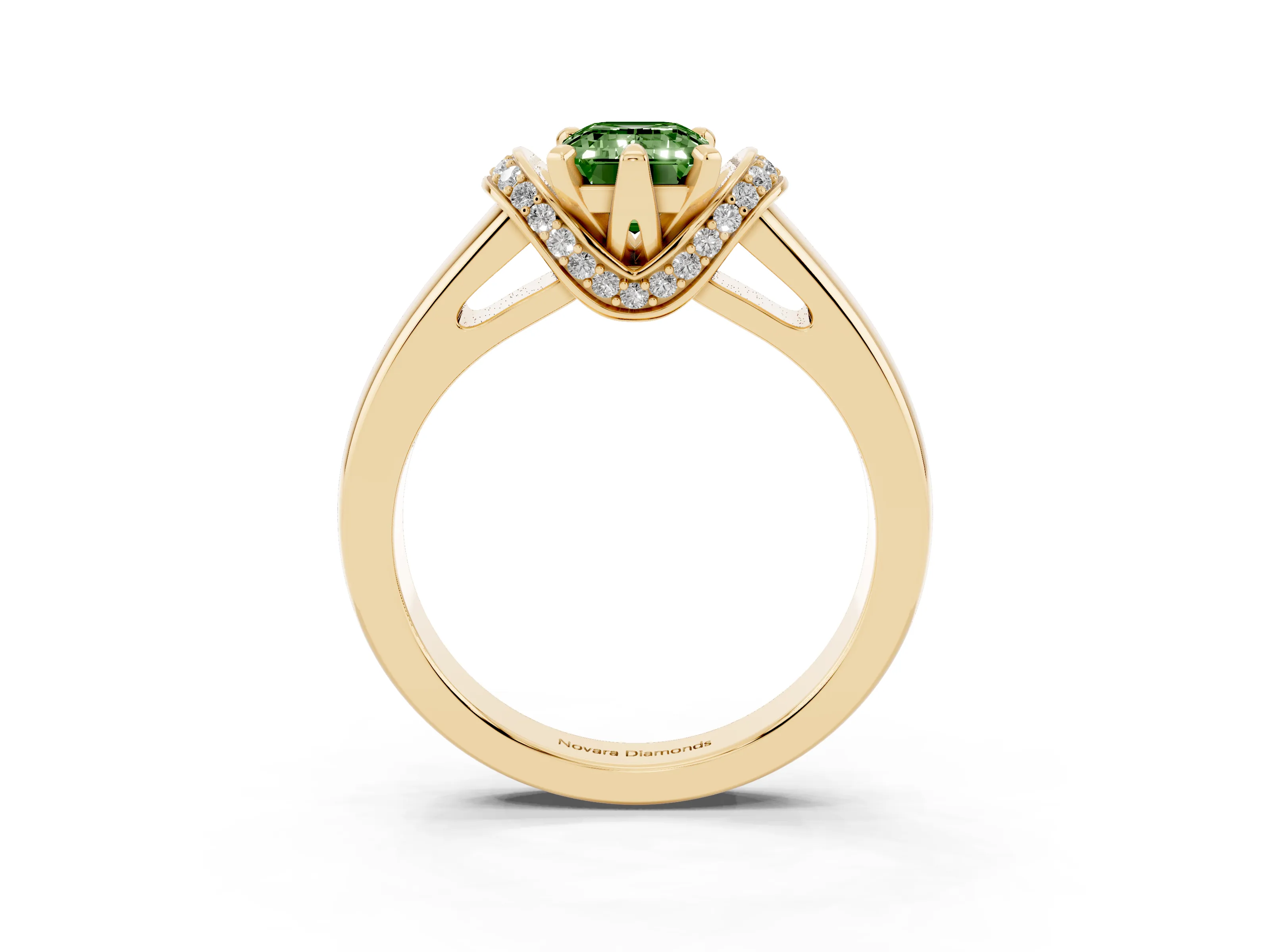 Fancy Green Emerald Cut Diamond Pavé Band Solitaire Ring Set in Yellow gold with Prong Setting