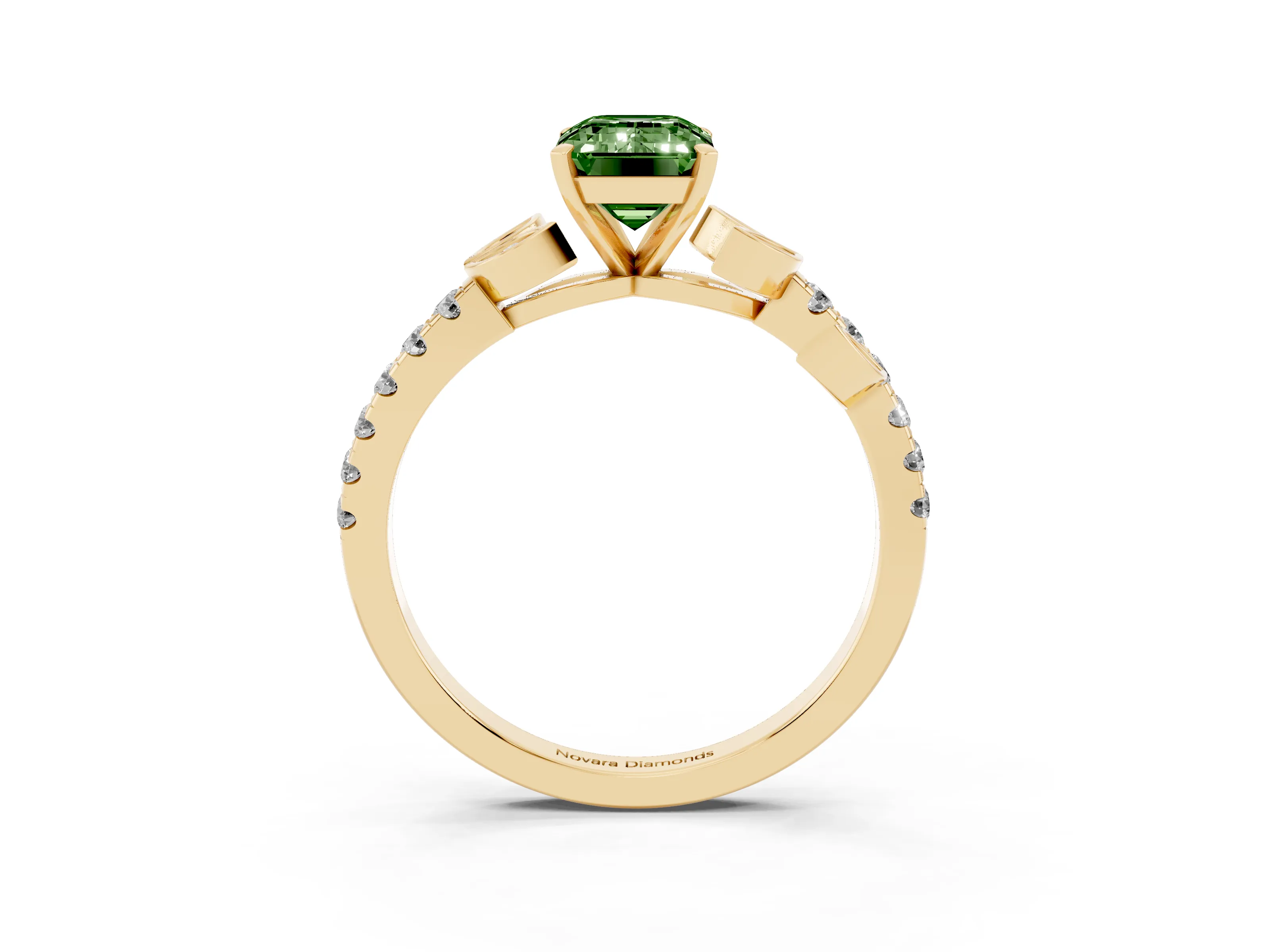 Fancy Green Emerald Cut Diamond Solitaire Leaf-Inspired Ring Set in Yellow gold with Pavé Band and Prong Setting