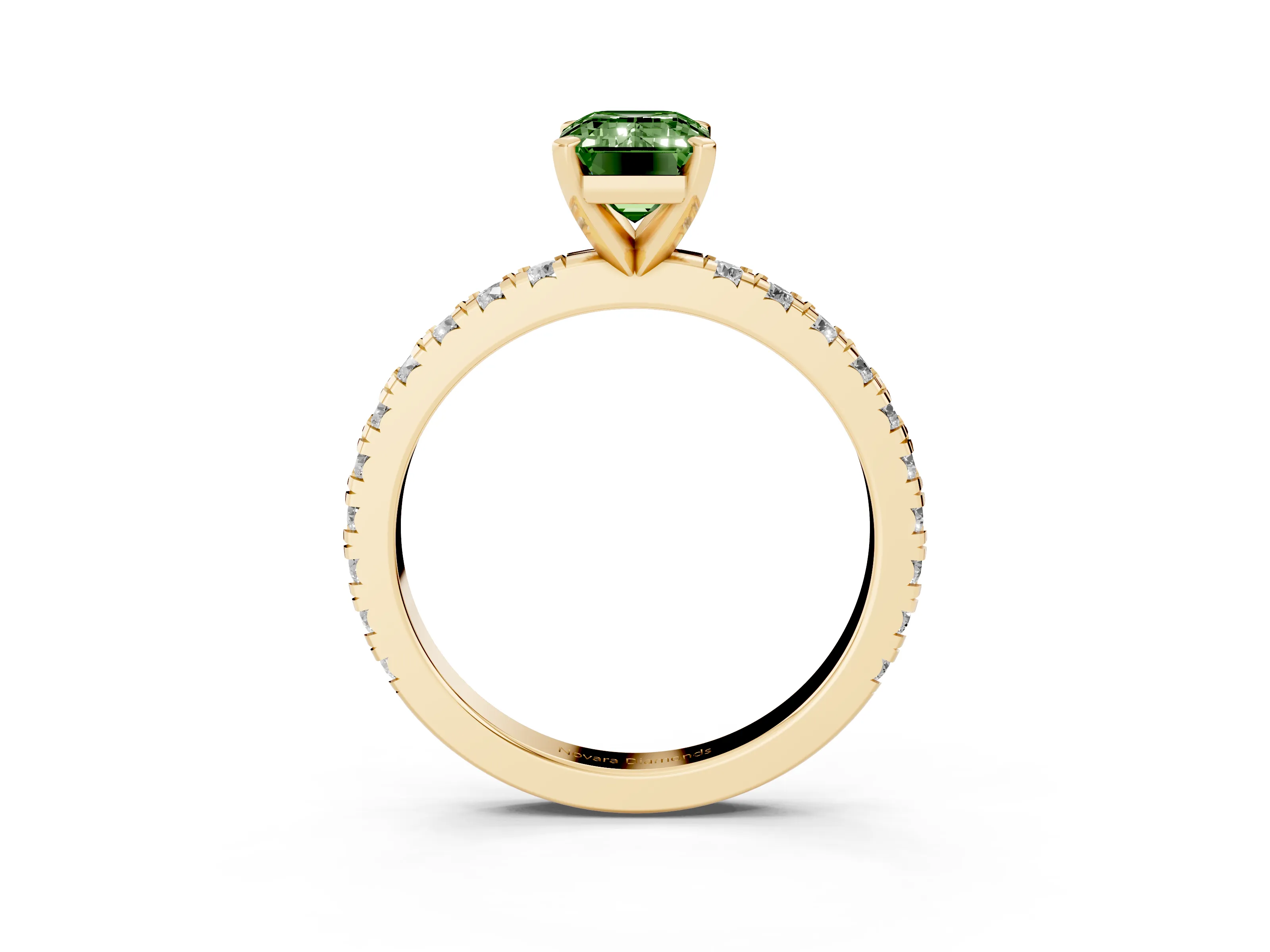 Fancy Green Emerald Cut Diamond Pavé Band Solitaire Set in Yellow gold with Prong Setting