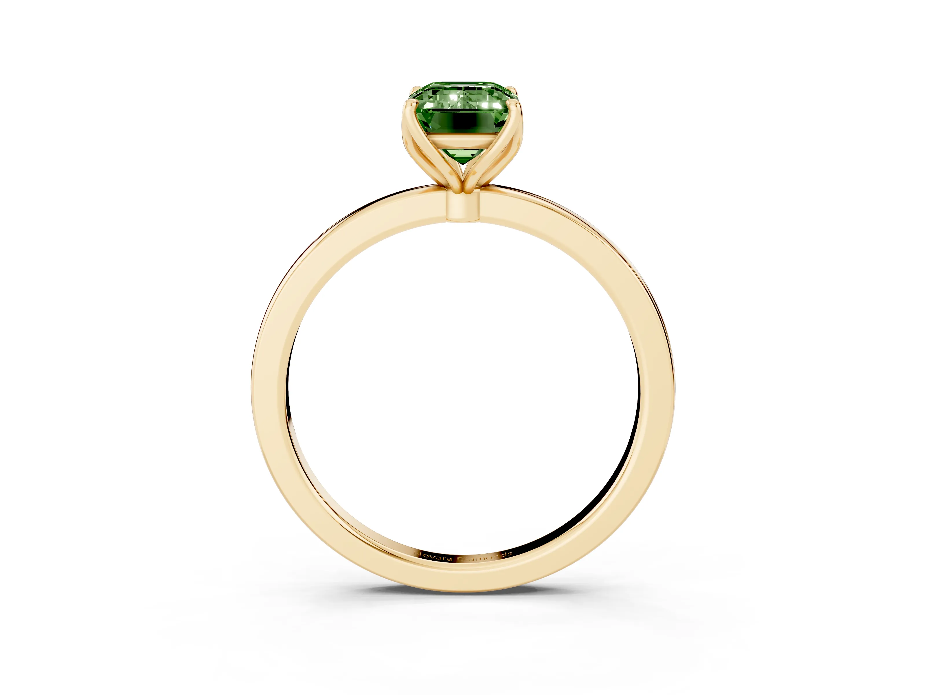 Fancy Green Emerald Cut Diamond Solitaire Ring Set in Yellow gold with Prong Setting and Thin Polished Band