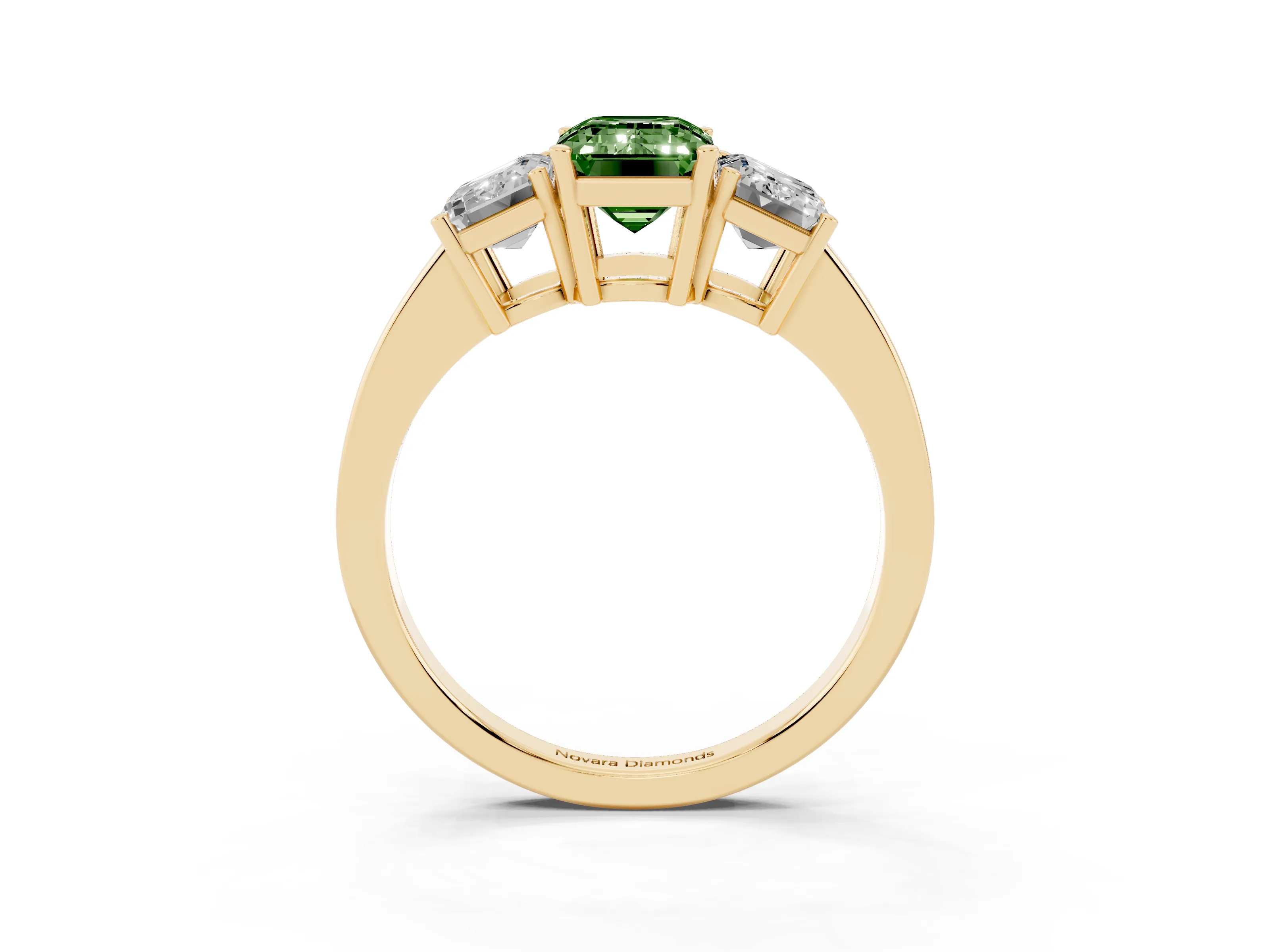 Fancy Green Emerald Cut Diamond Three-Stone Engagement Ring Set in Yellow gold with Flat Band