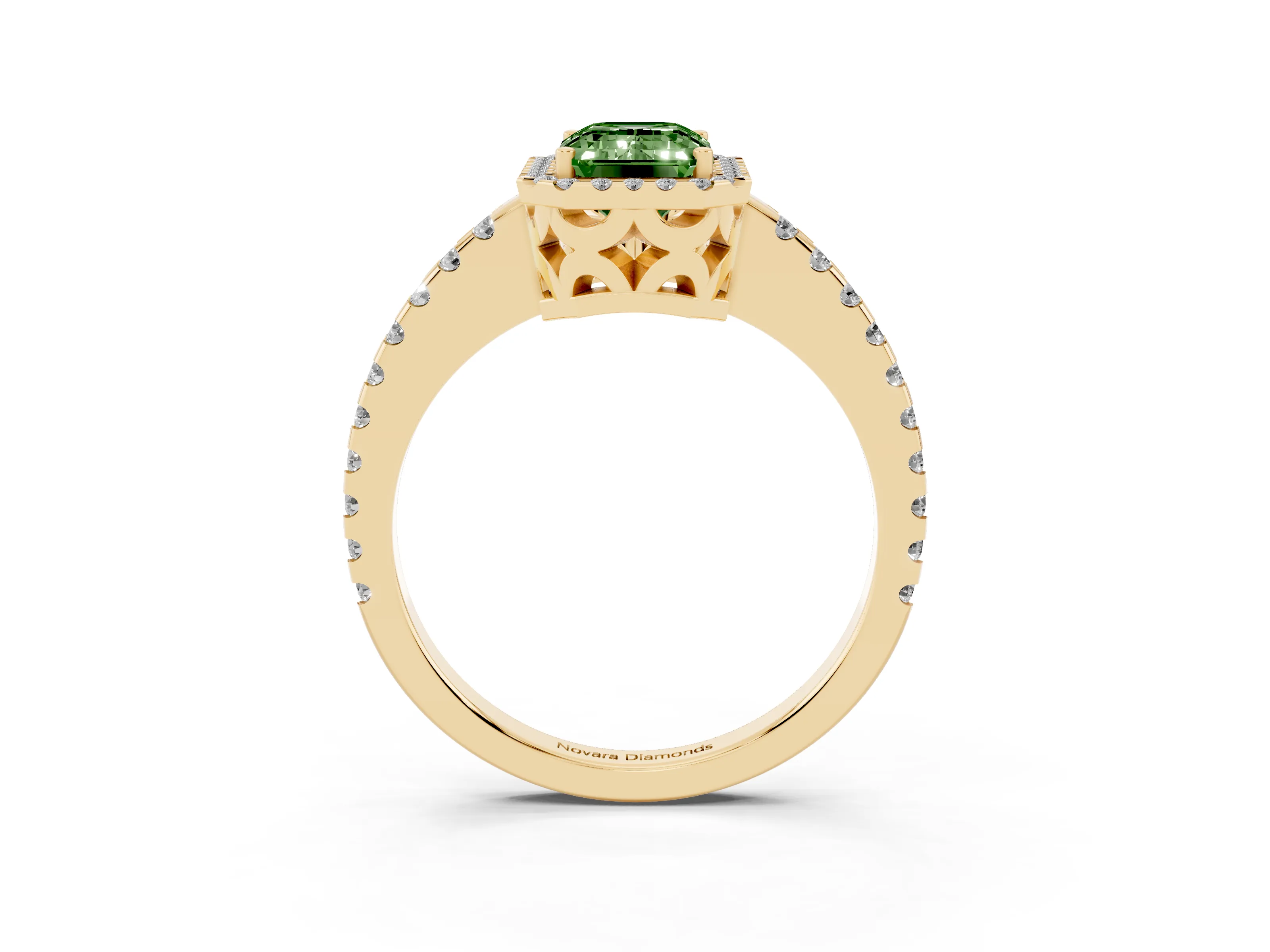 Fancy Green Emerald Cut Diamond Halo Ring Set in Yellow gold with Pavé Shoulders and Halo-Framed Center