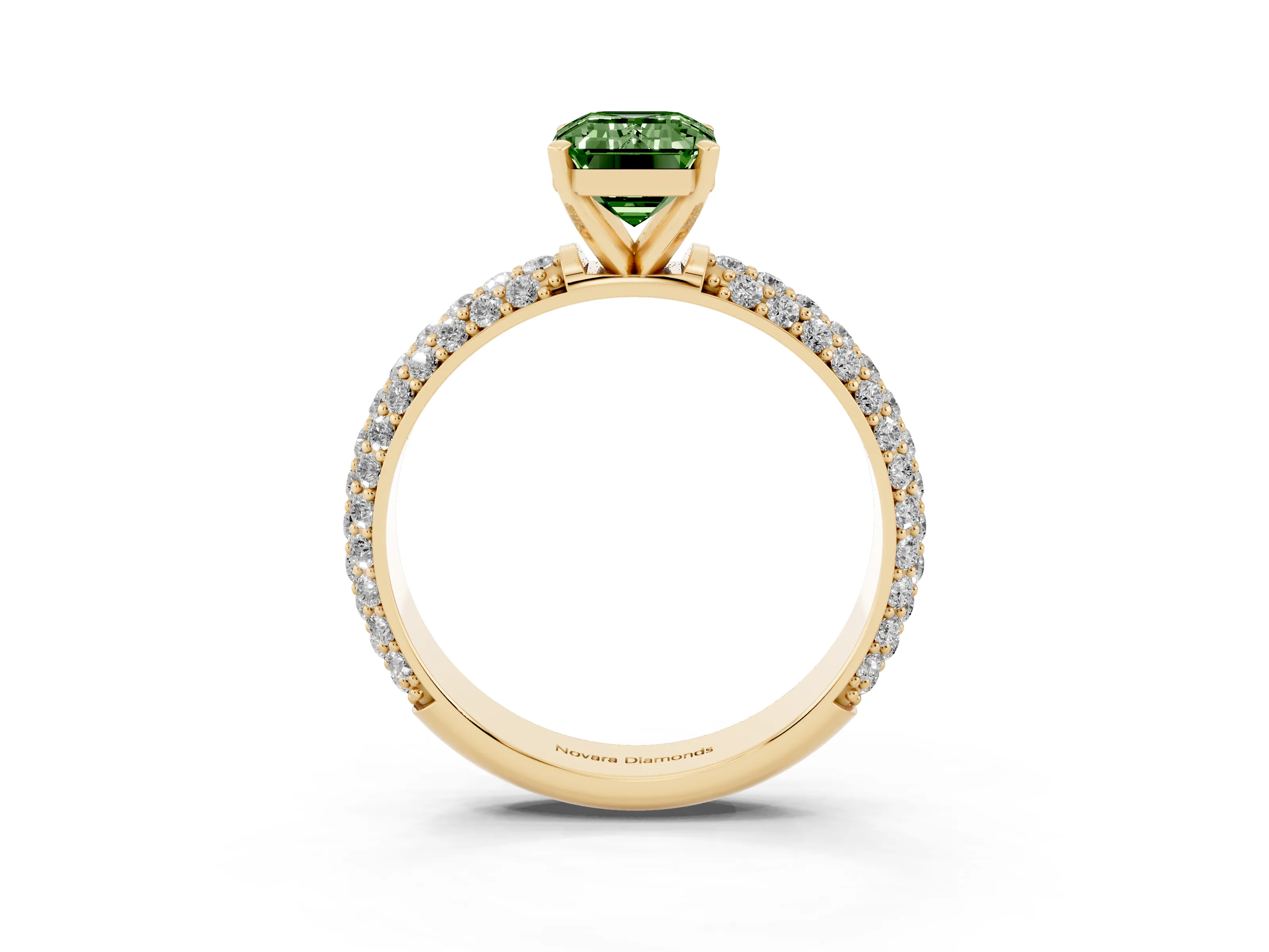 Fancy Green Emerald Cut Diamond Solitaire Ring Set in Yellow gold with Prong Setting and Pavé-Set Band
