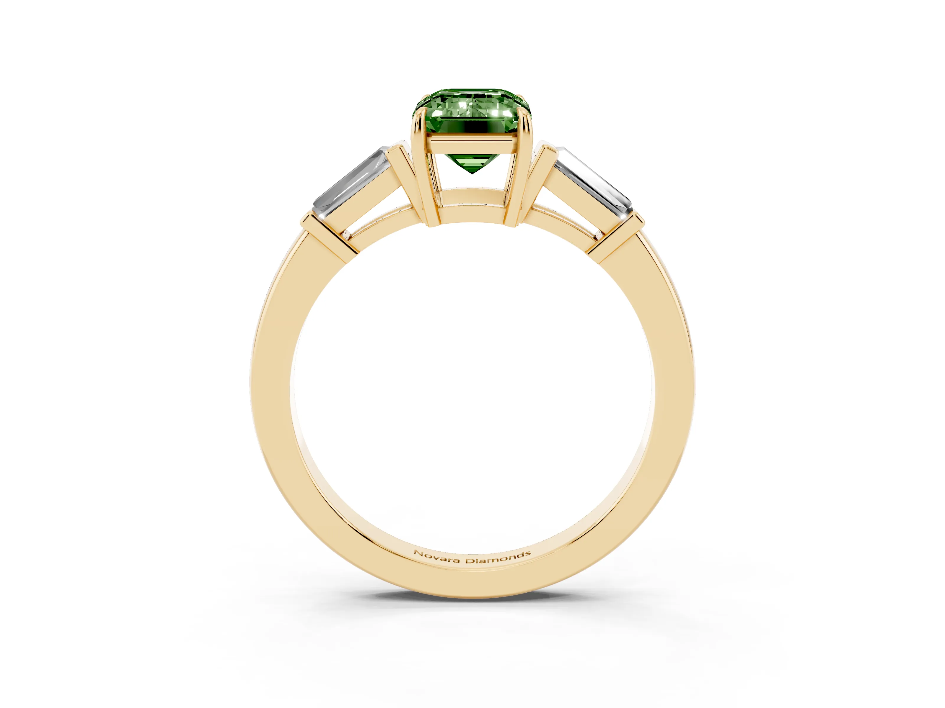 Fancy Green Emerald Cut Diamond Three-Stone Ring Set in Yellow gold with Tapered Baguette Side Stones and Prong Setting