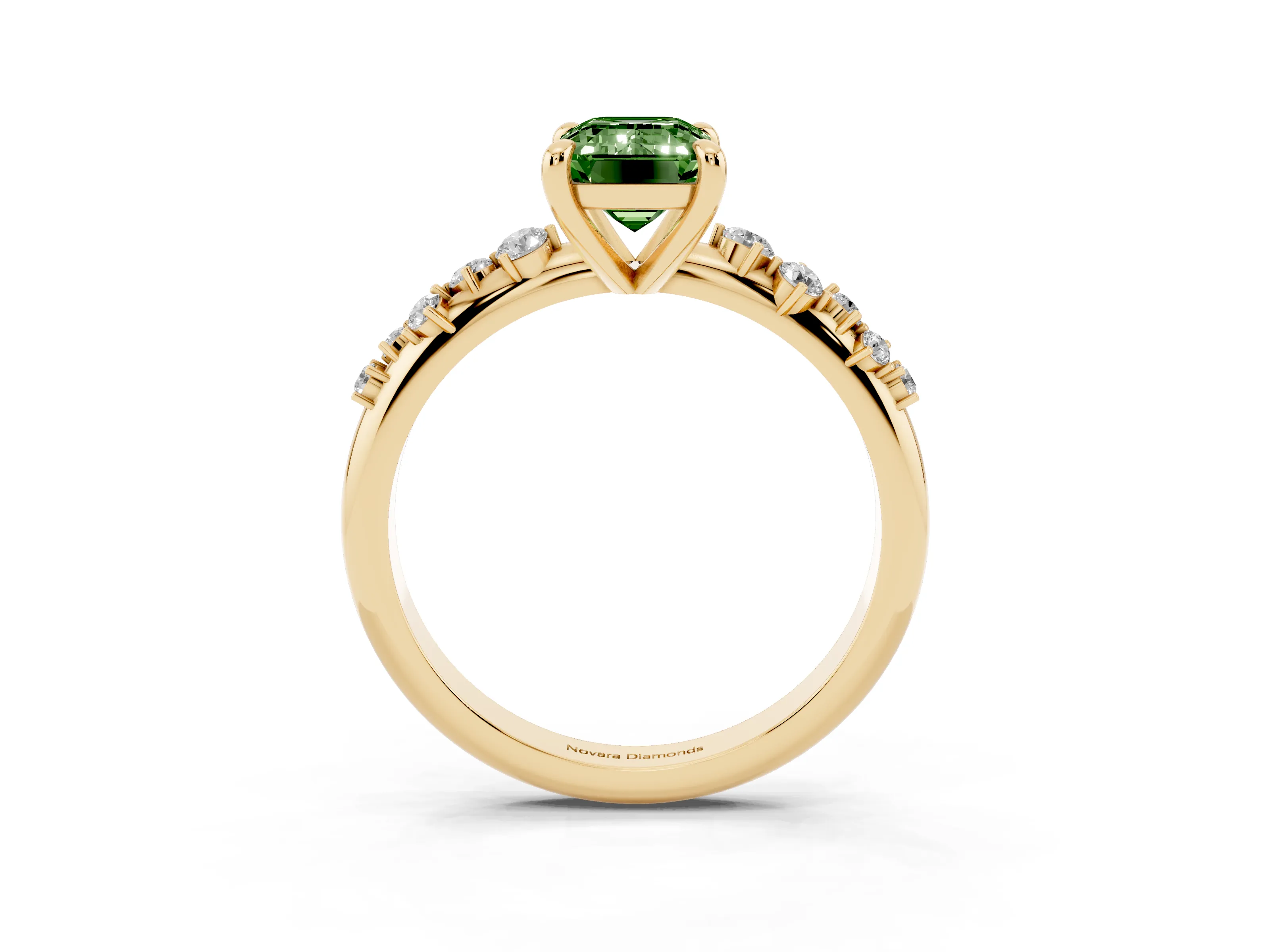 Fancy Green Emerald Cut Diamond Solitaire Vine Band Ring Set in Yellow gold with Round Accents and Prong Setting
