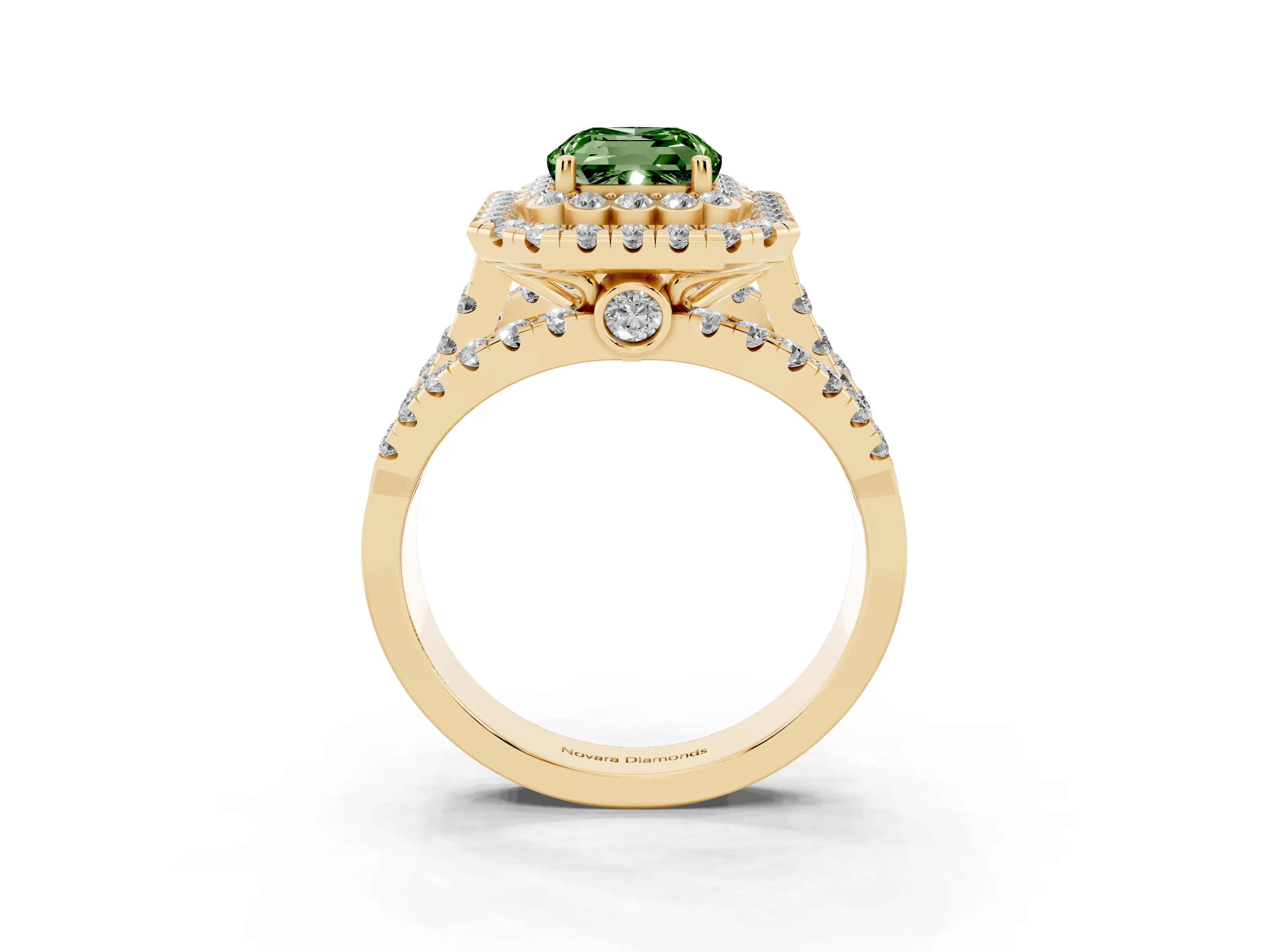 Fancy Green Emerald Cut Diamond Double Halo Ring Set in Yellow gold with Round Pavé Split Shank