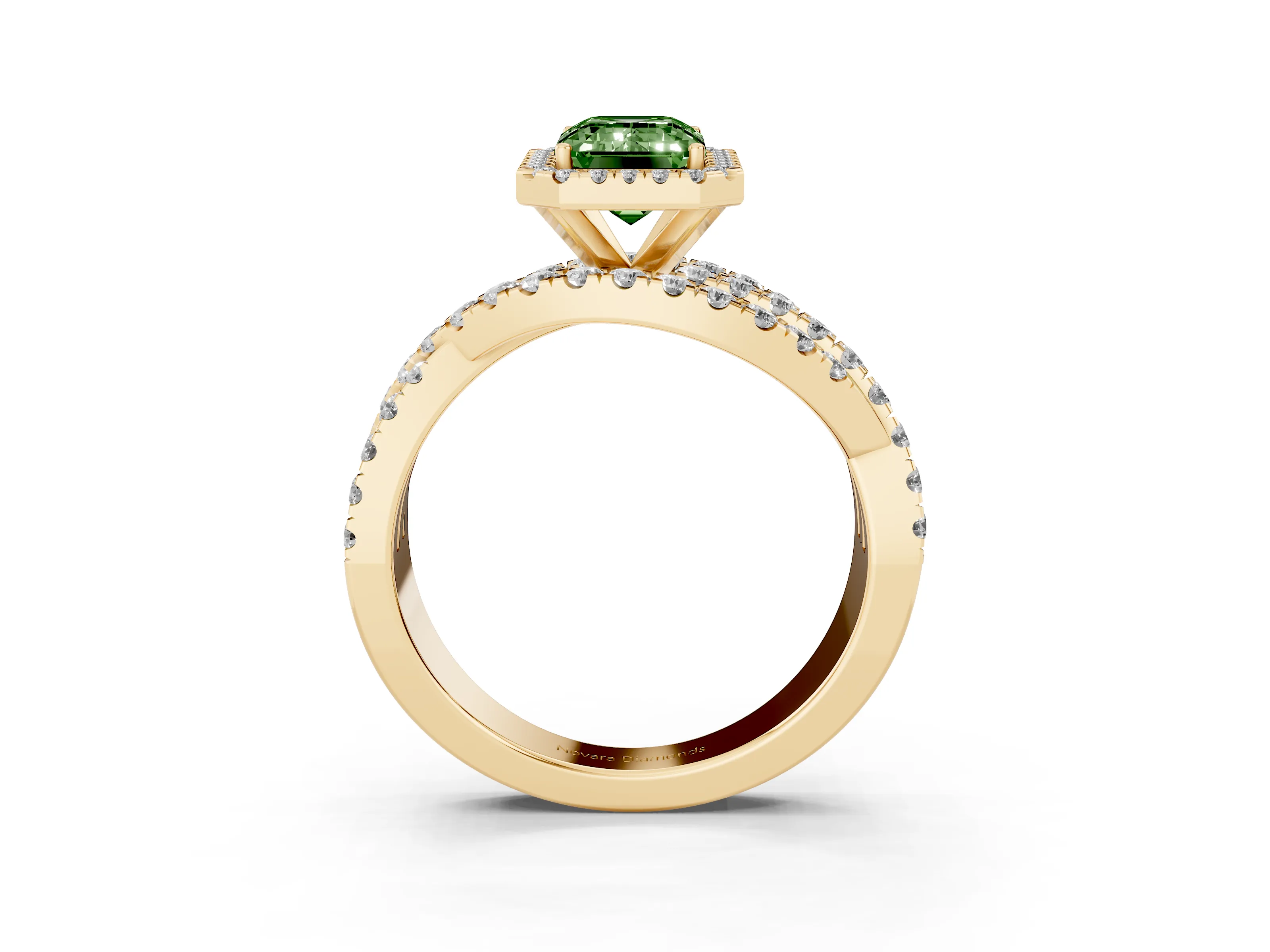 Fancy Green Emerald Cut Diamond Halo Ring Set in Yellow gold with Round Crossover Split Shank and Prong Setting