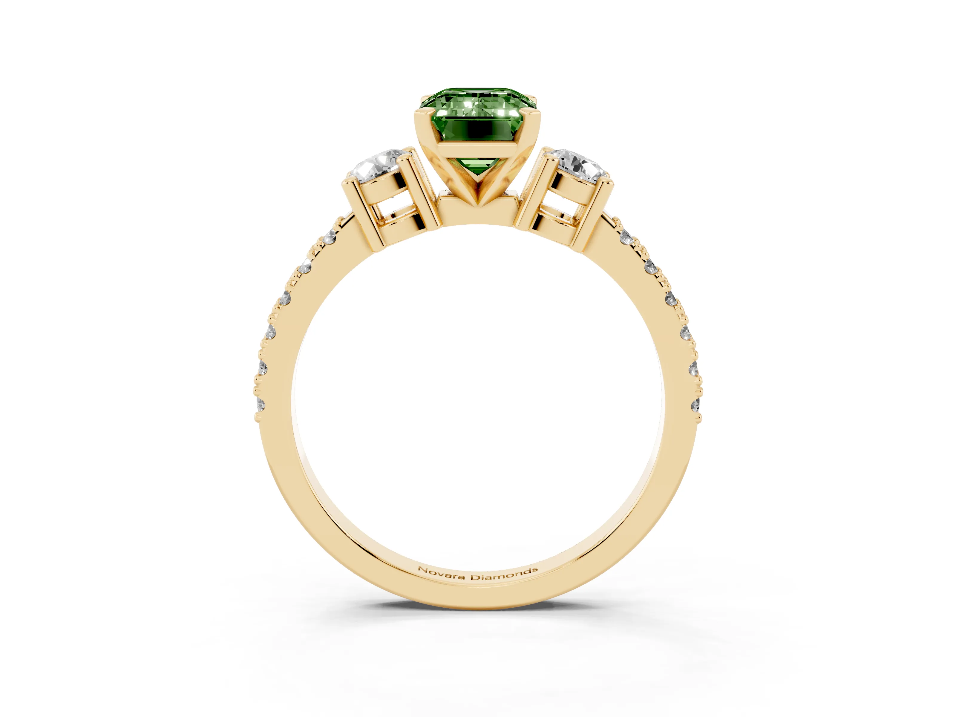Fancy Green Three-Stone Emerald Cut Diamond Pavé Band Ring Set in Yellow gold with Prong Setting
