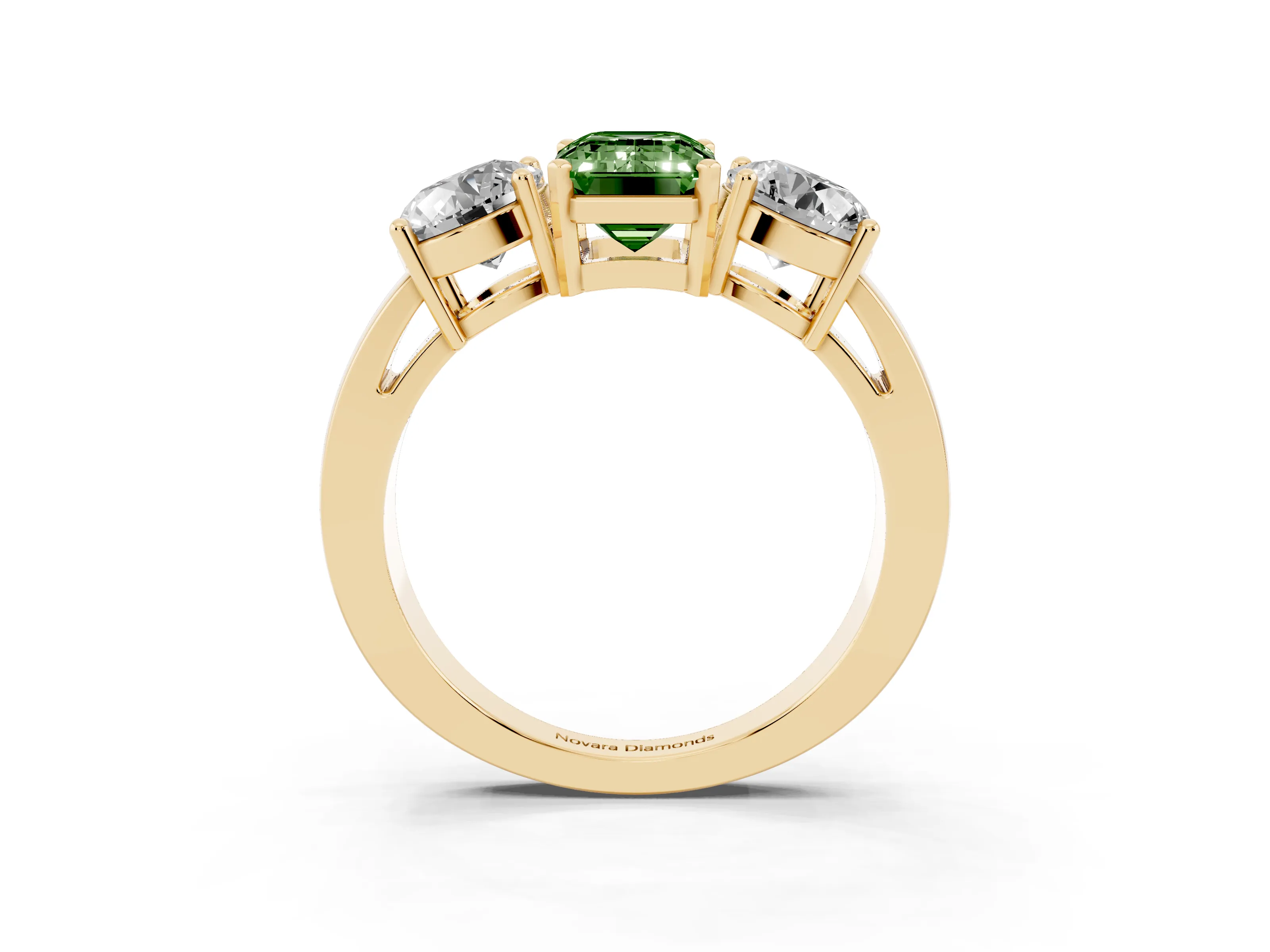 Fancy Green Emerald Cut Diamond Three-Stone Ring Set in Yellow gold with Round Side Stones and Classic Band