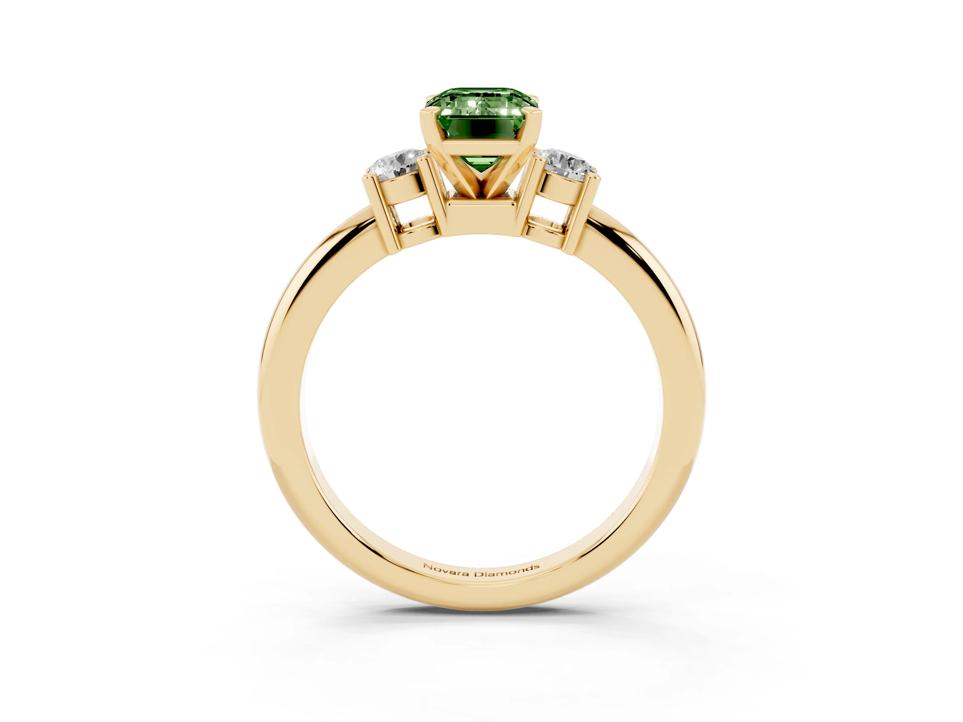 Fancy Green Three-Stone Emerald Cut Diamond Ring Set in Yellow gold with Prong Setting and Plain Band