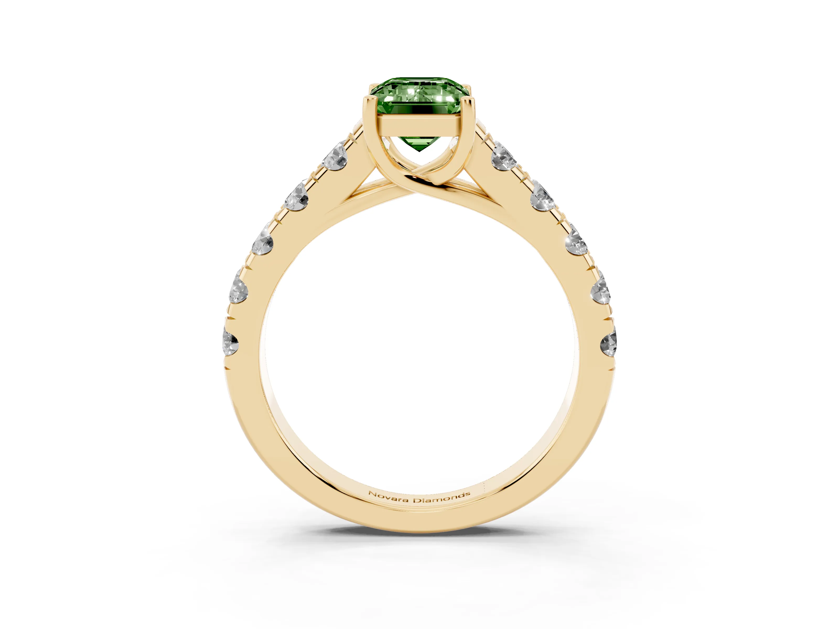 Fancy Green Emerald Cut Diamond Solitaire Ring Set in Yellow gold with Cut-Down Micro Pavé Band and Prong Setting