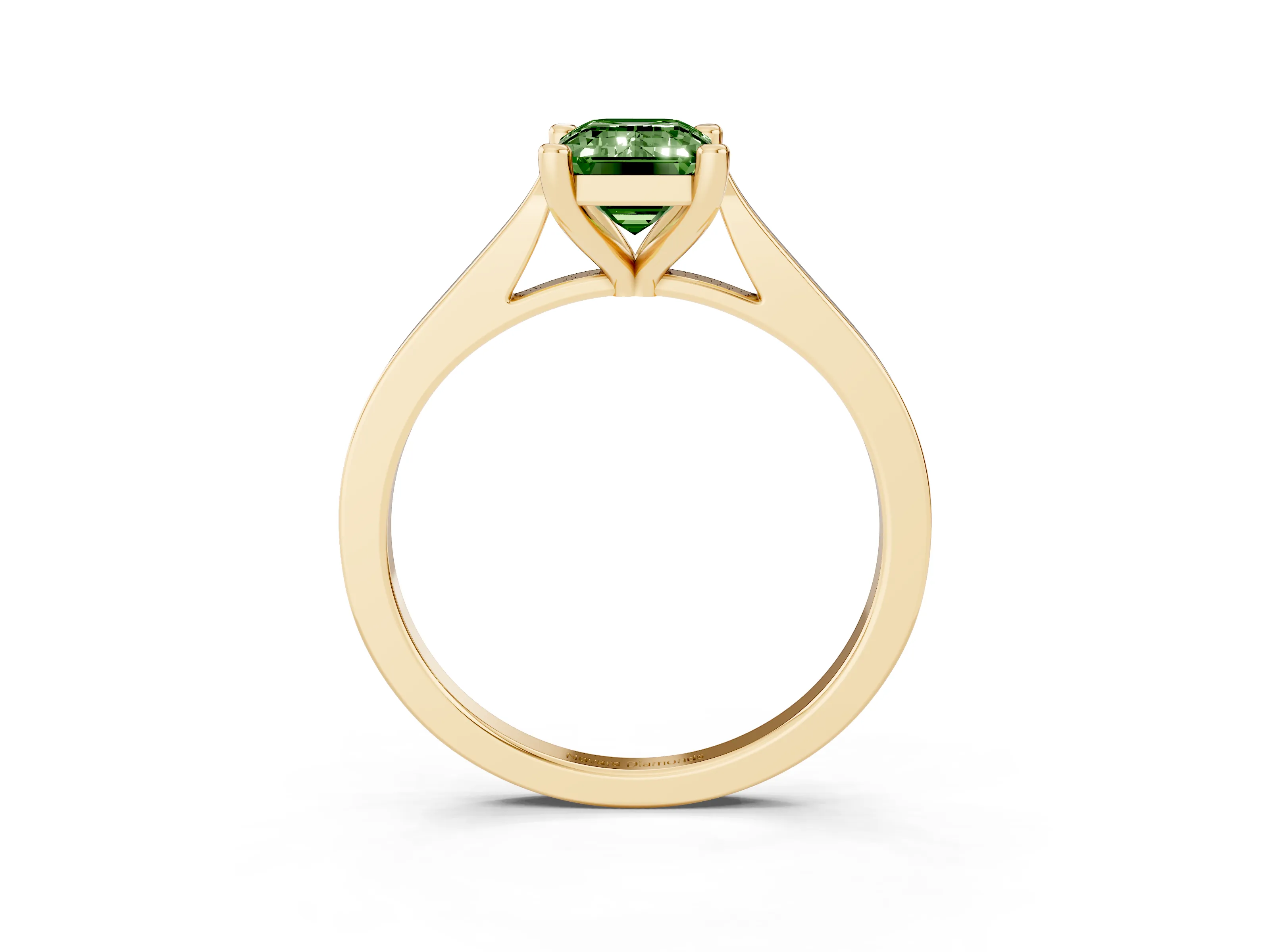 Fancy Green Emerald Cut Diamond Solitaire Ring Set in Yellow gold with Prong Setting and Tapered Band