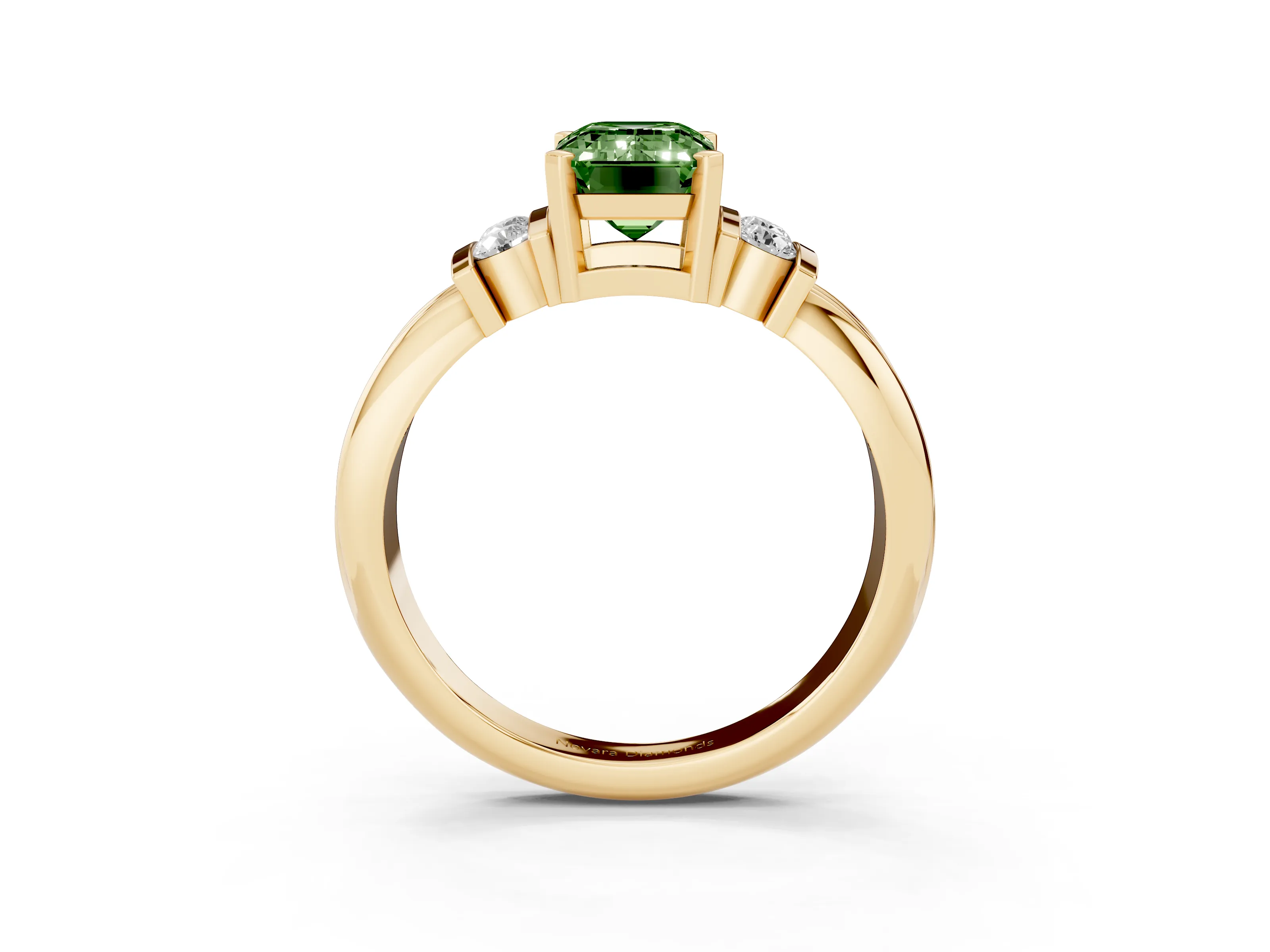 Fancy Green Three-Stone Emerald Cut Diamond Channel Set Ring Set in Yellow gold with Bar Prongs