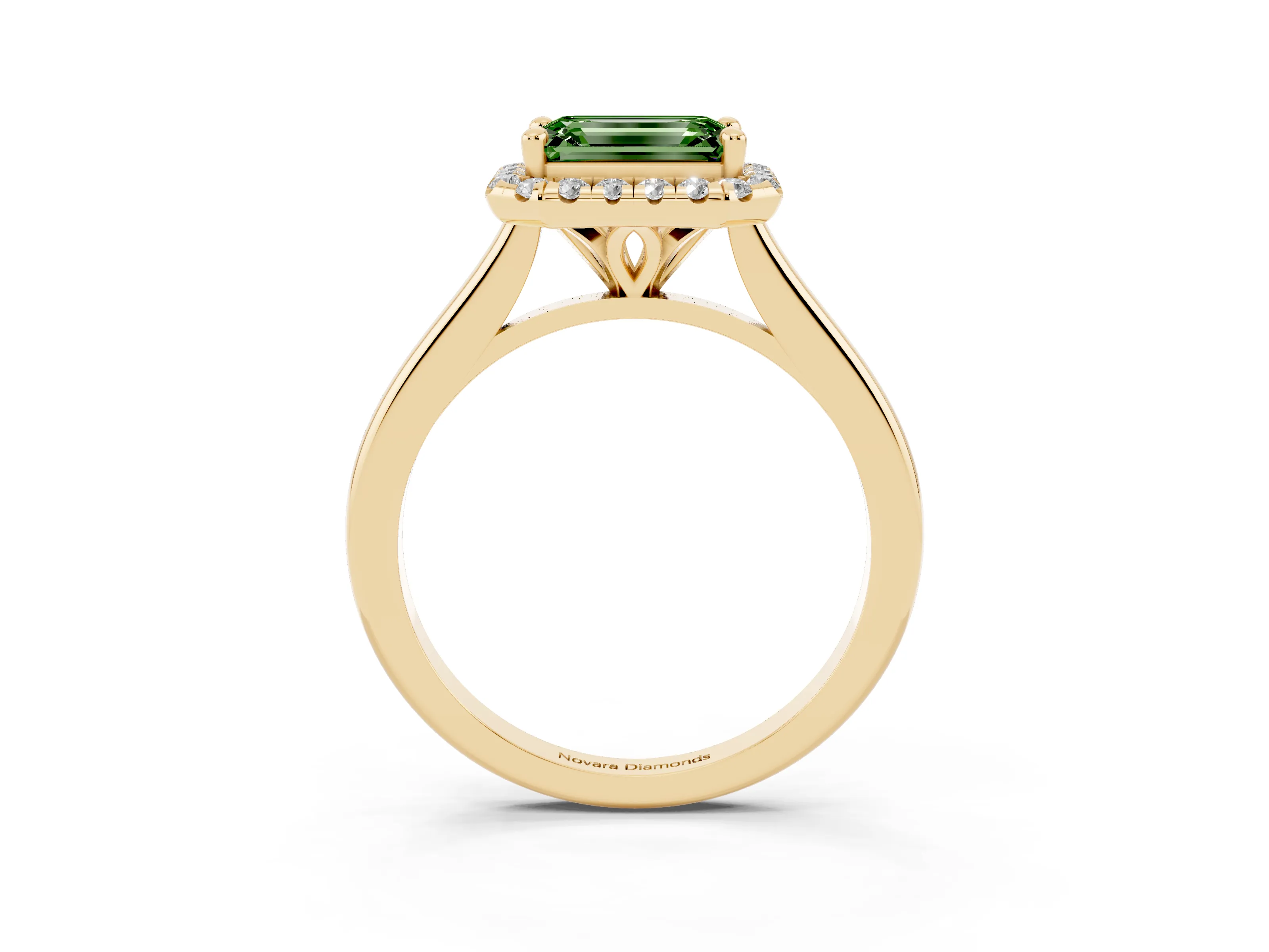 Fancy Green Emerald Cut Diamond Halo Engagement Ring Set in Yellow gold with Pavé Band and Rising Shoulders