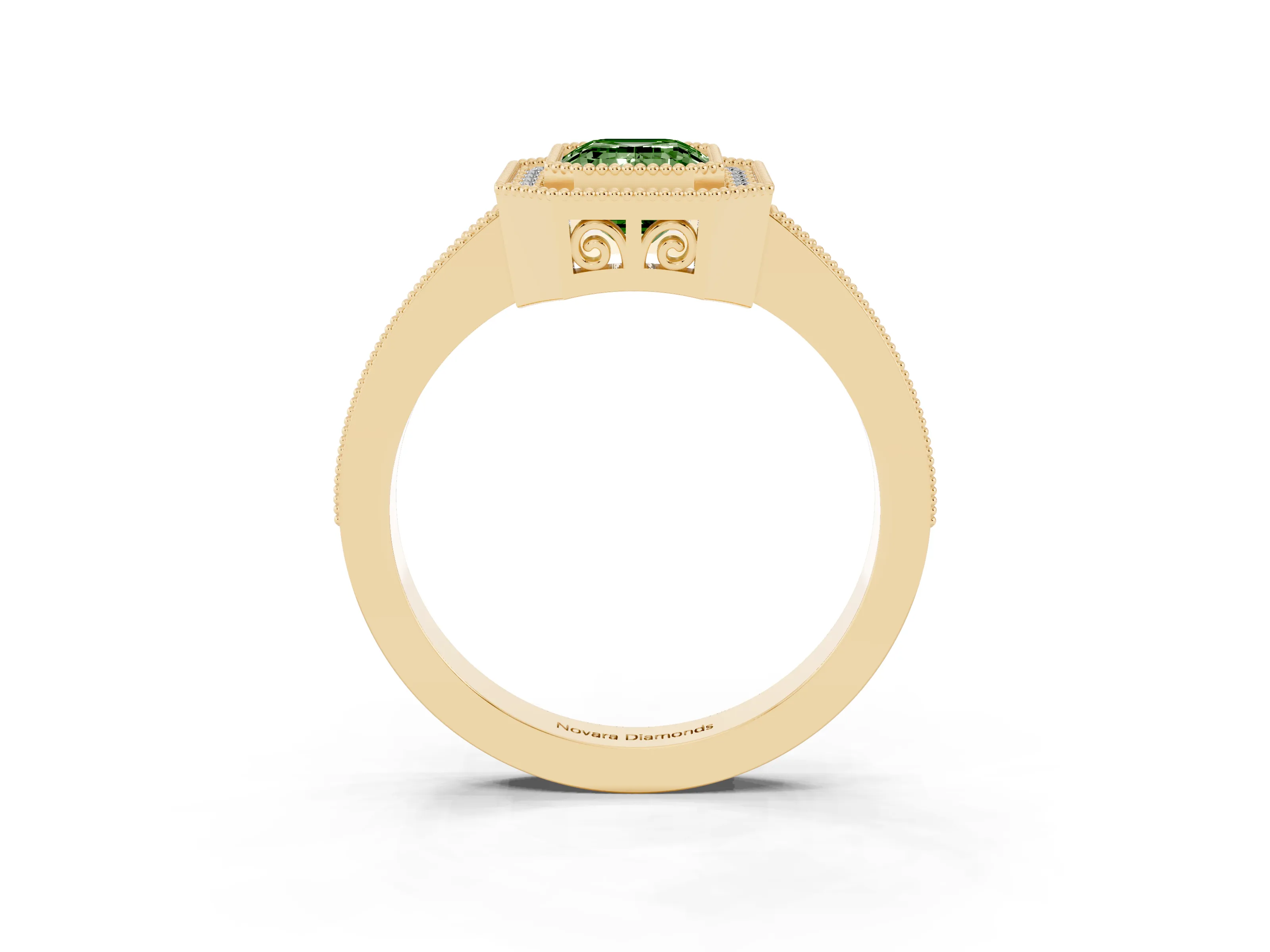 Fancy Green Emerald Cut Diamond Round Halo Ring Set in Yellow gold with Pavé Band