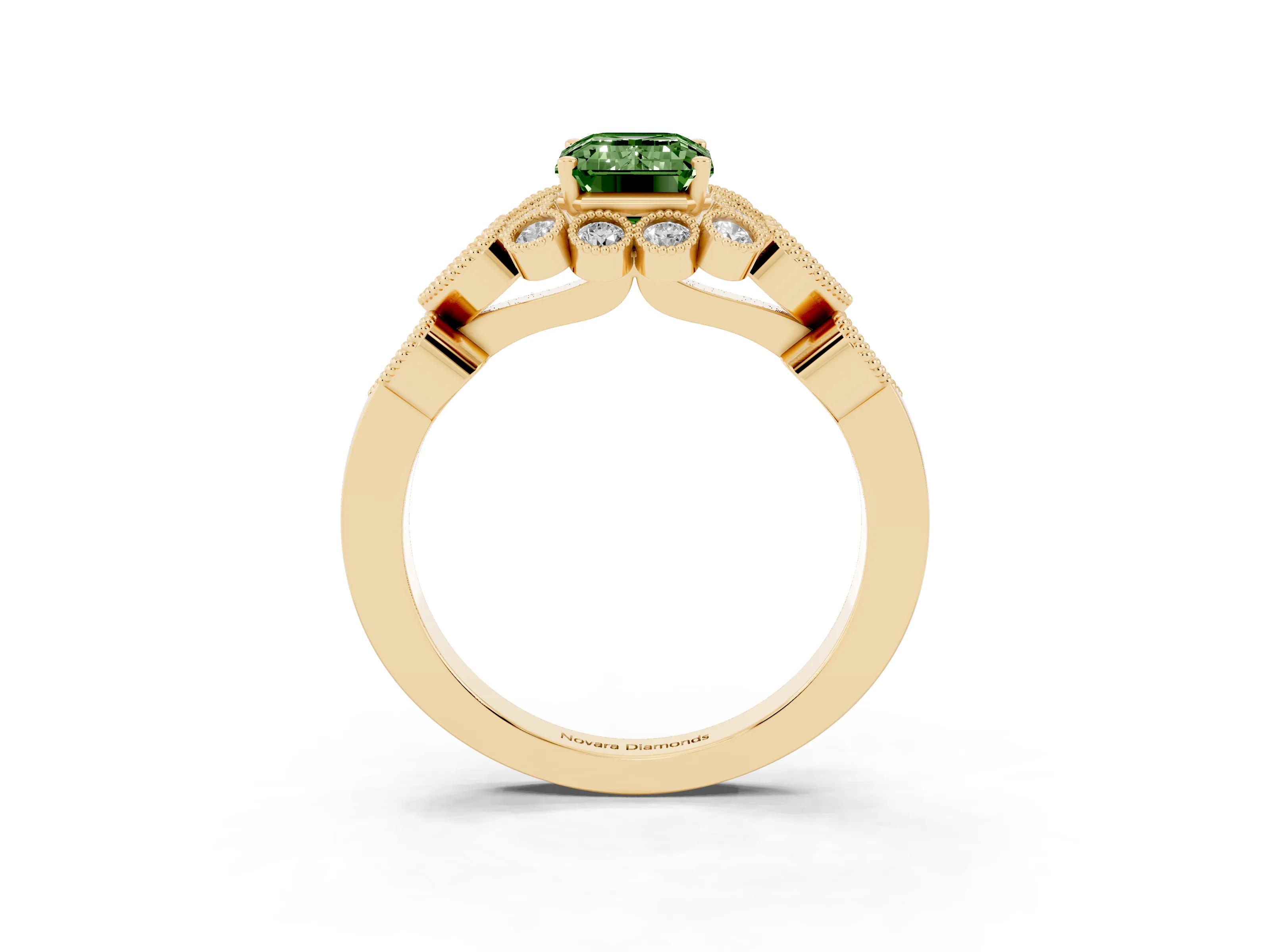Fancy Green Emerald Cut Diamond Solitaire Ring Set in Yellow gold with Milgrain Pavé Heart Band