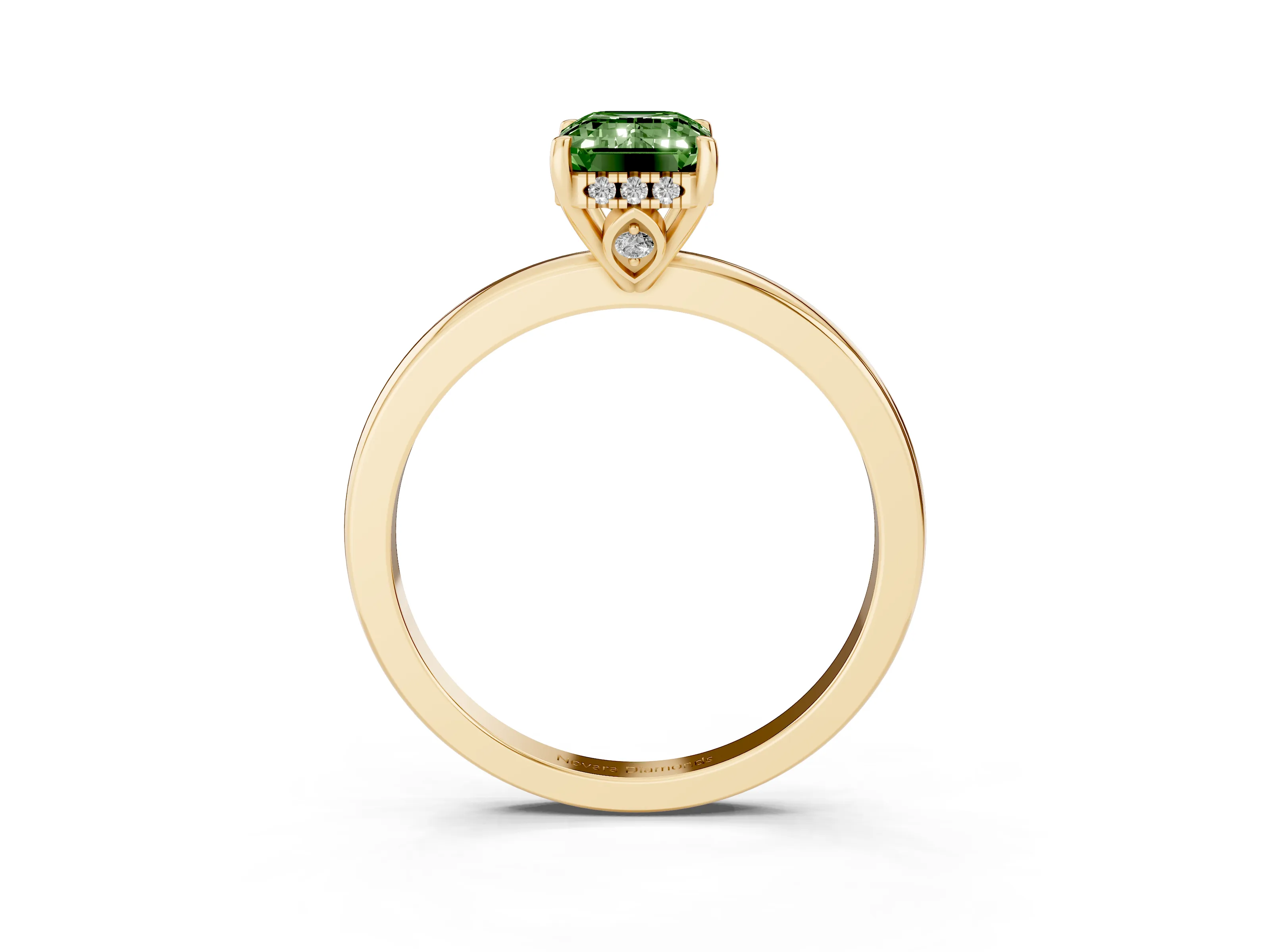 Fancy Green Emerald Cut Diamond Solitaire Ring Set in Yellow gold with Plain Band and Prong Setting