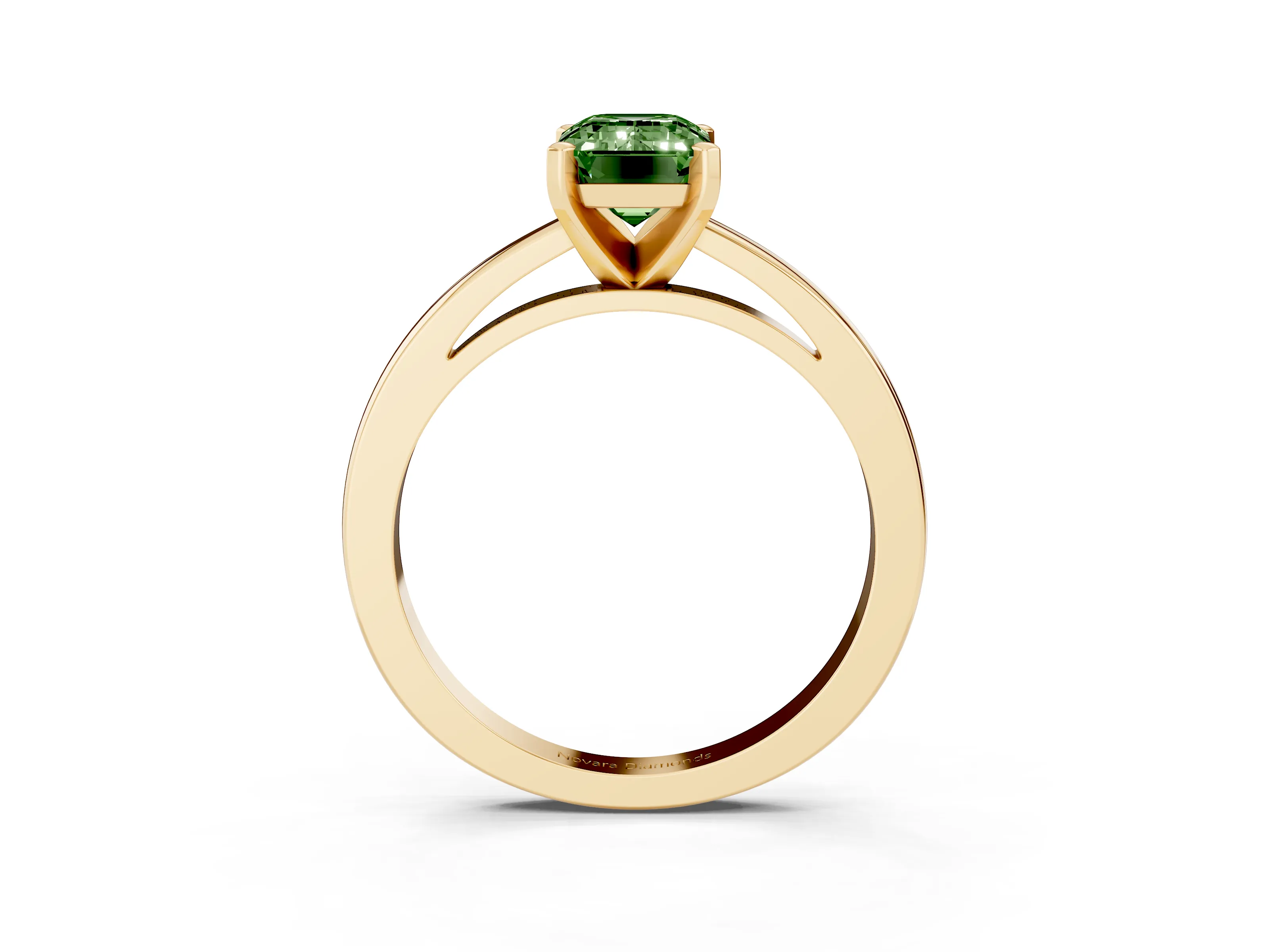 Fancy Green Emerald Cut Diamond Solitaire Engagement Ring Set in Yellow gold with Prong Setting on a Classic Band