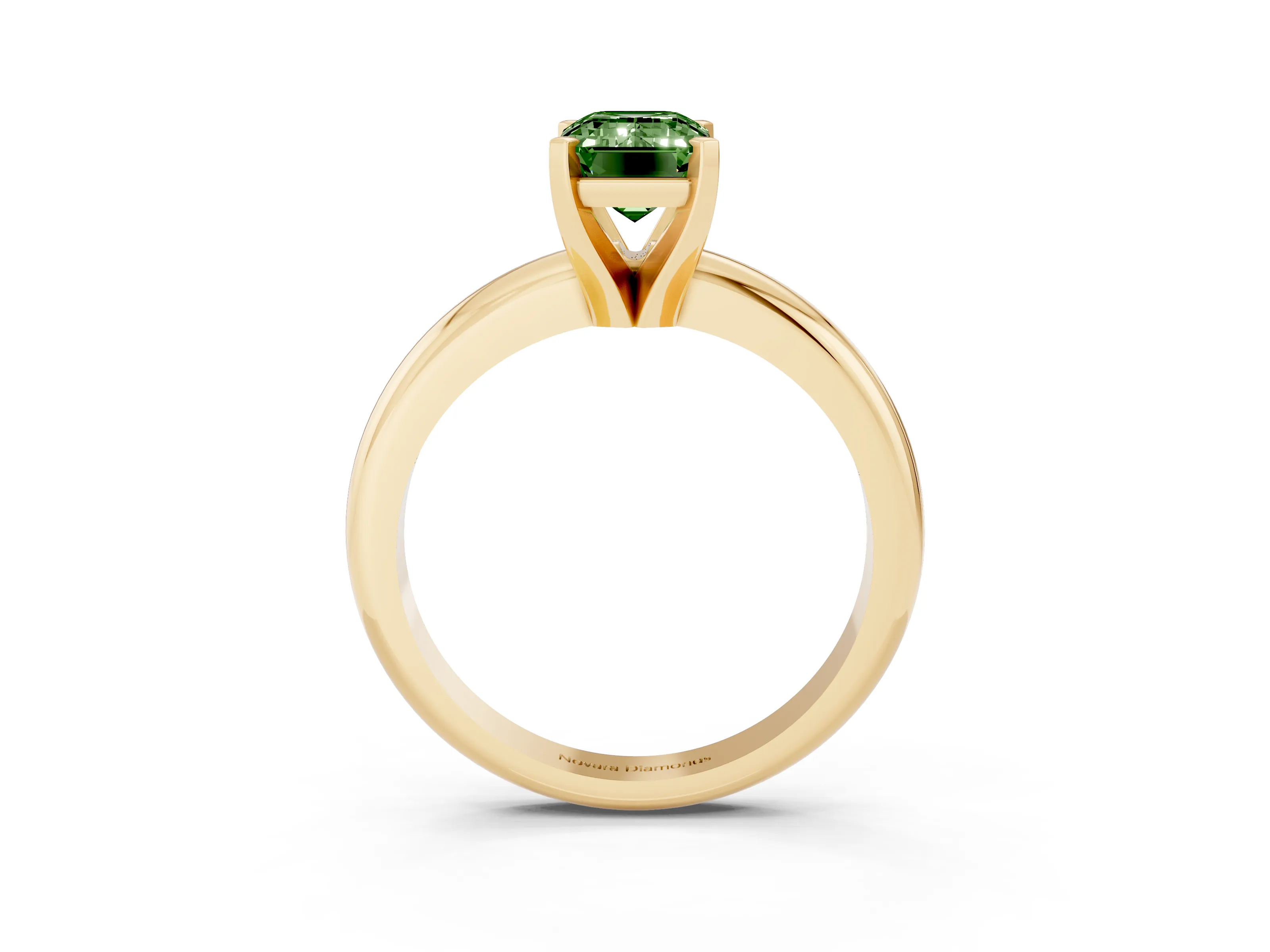 Fancy Green Emerald Cut Diamond Solitaire Engagement Ring Set in Yellow gold with Round Band and Prong Setting