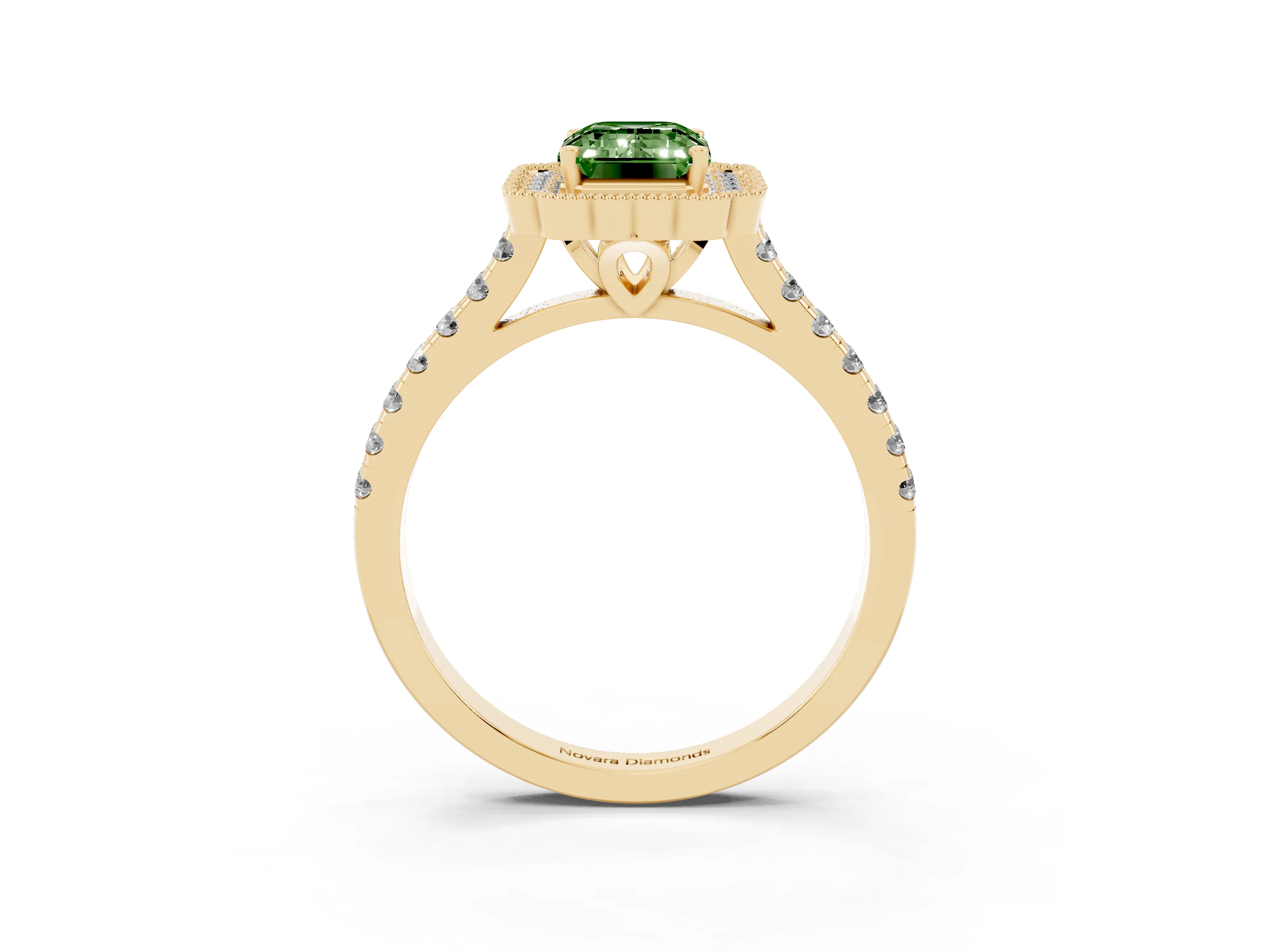 Fancy Green Emerald Cut Diamond Milgrain Floral Halo Engagement Ring Set in Yellow gold with Pavé Band