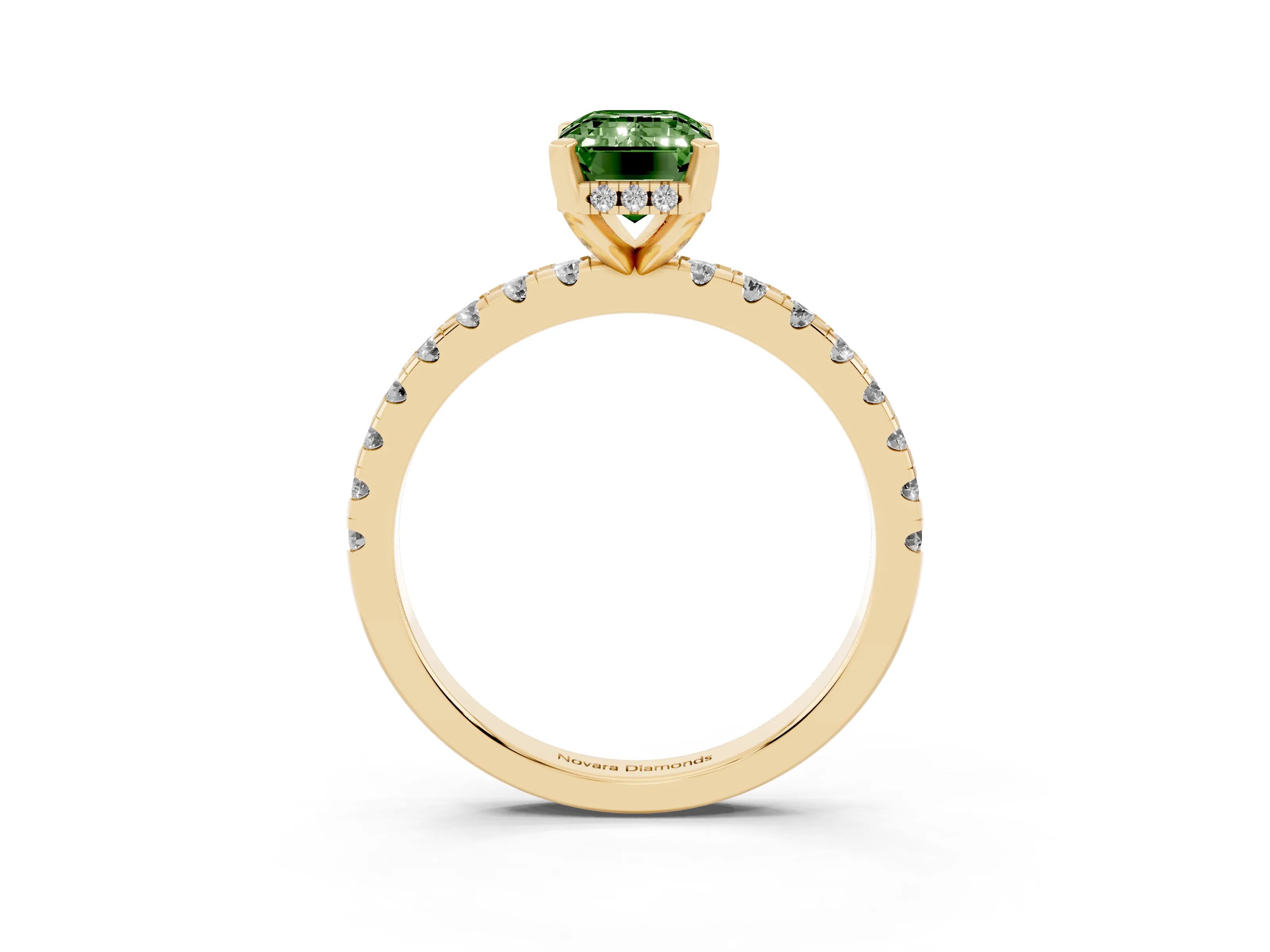 Fancy Green Emerald Cut Diamond Pavé Solitaire Ring Set in Yellow gold with Round Band Accents and Prong Setting