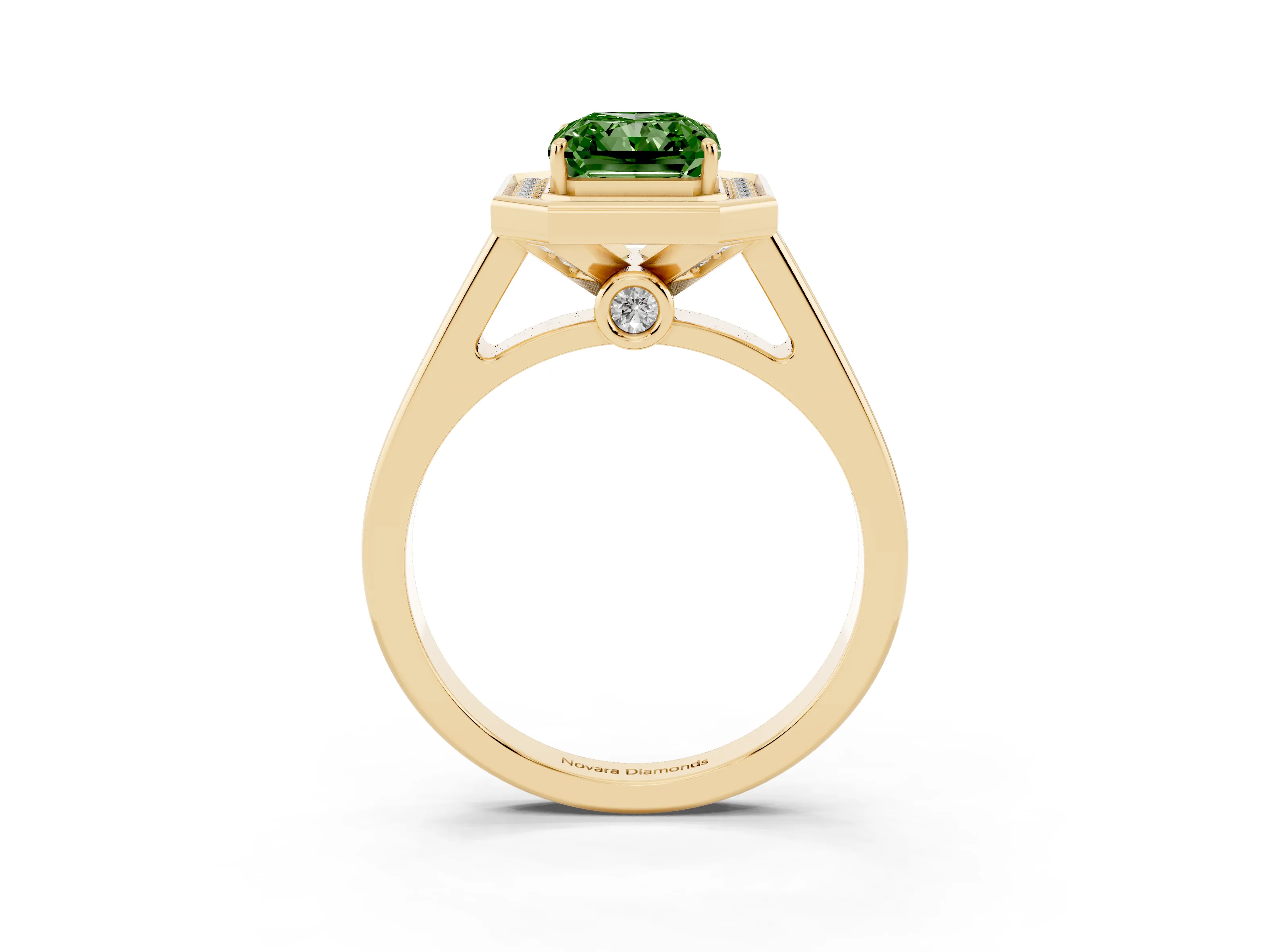 Fancy Green Emerald Cut Diamond Halo Solitaire Ring Set in Yellow gold with Pavé Band and Bezel Setting