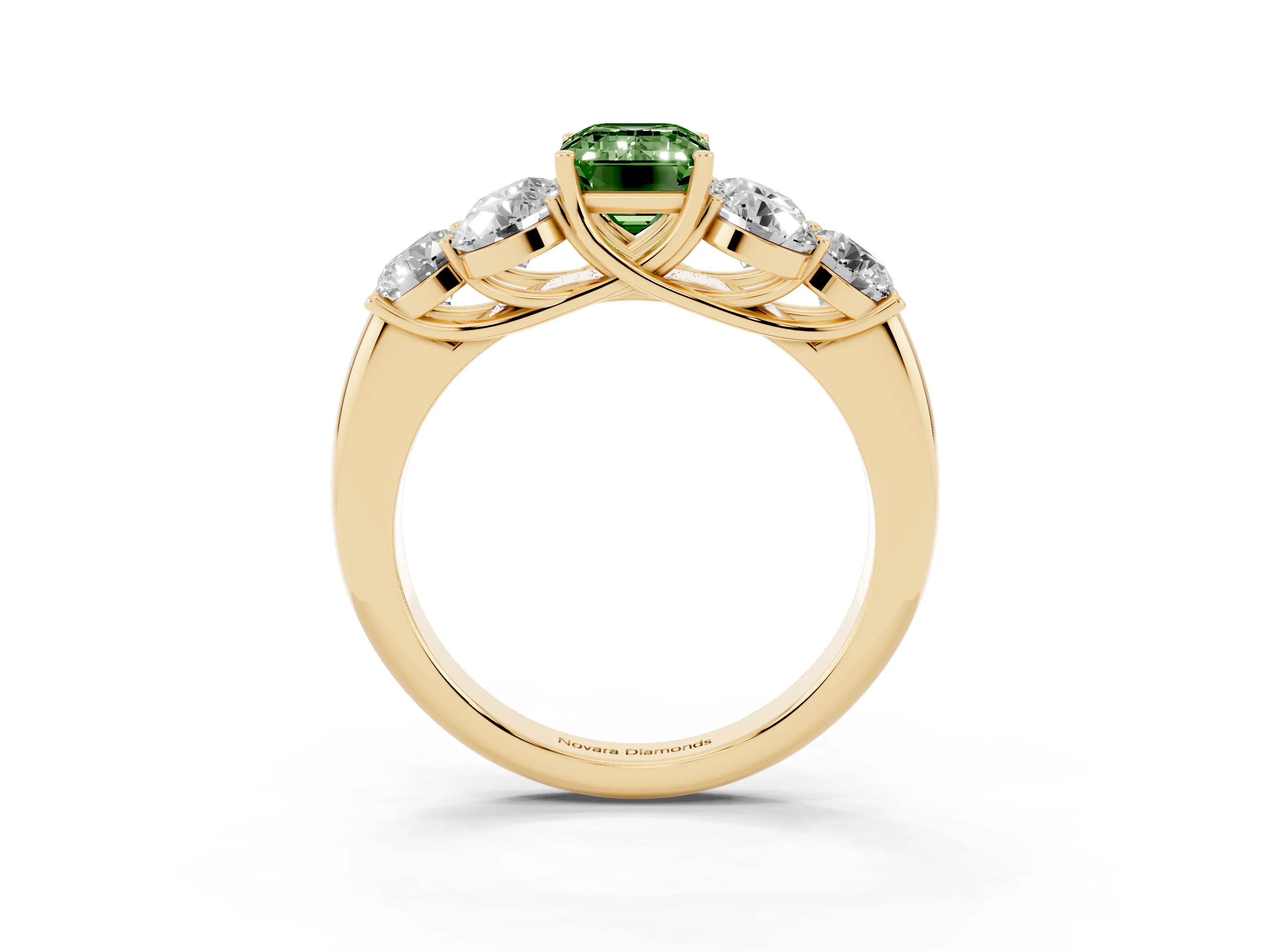 Fancy Green Emerald Cut Diamond Cluster Ring Set in Yellow gold with Round Accent Stones and Prong Setting on a Plain Band