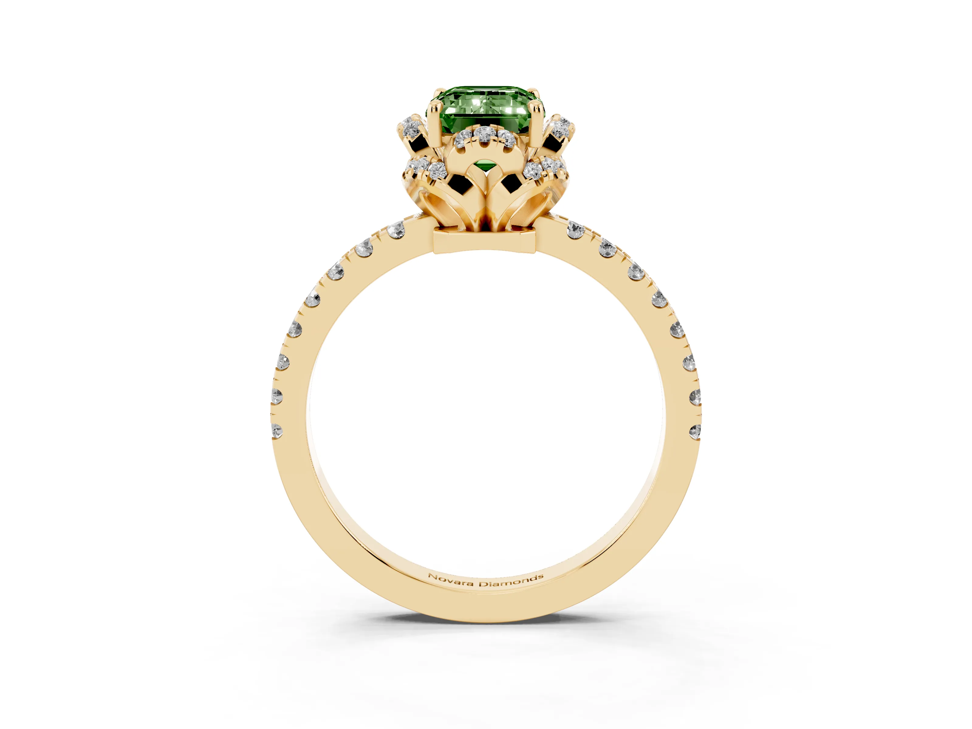 Fancy Green Emerald Cut Diamond Halo Pavé Band Ring Set in Yellow gold with Prong-Held Center