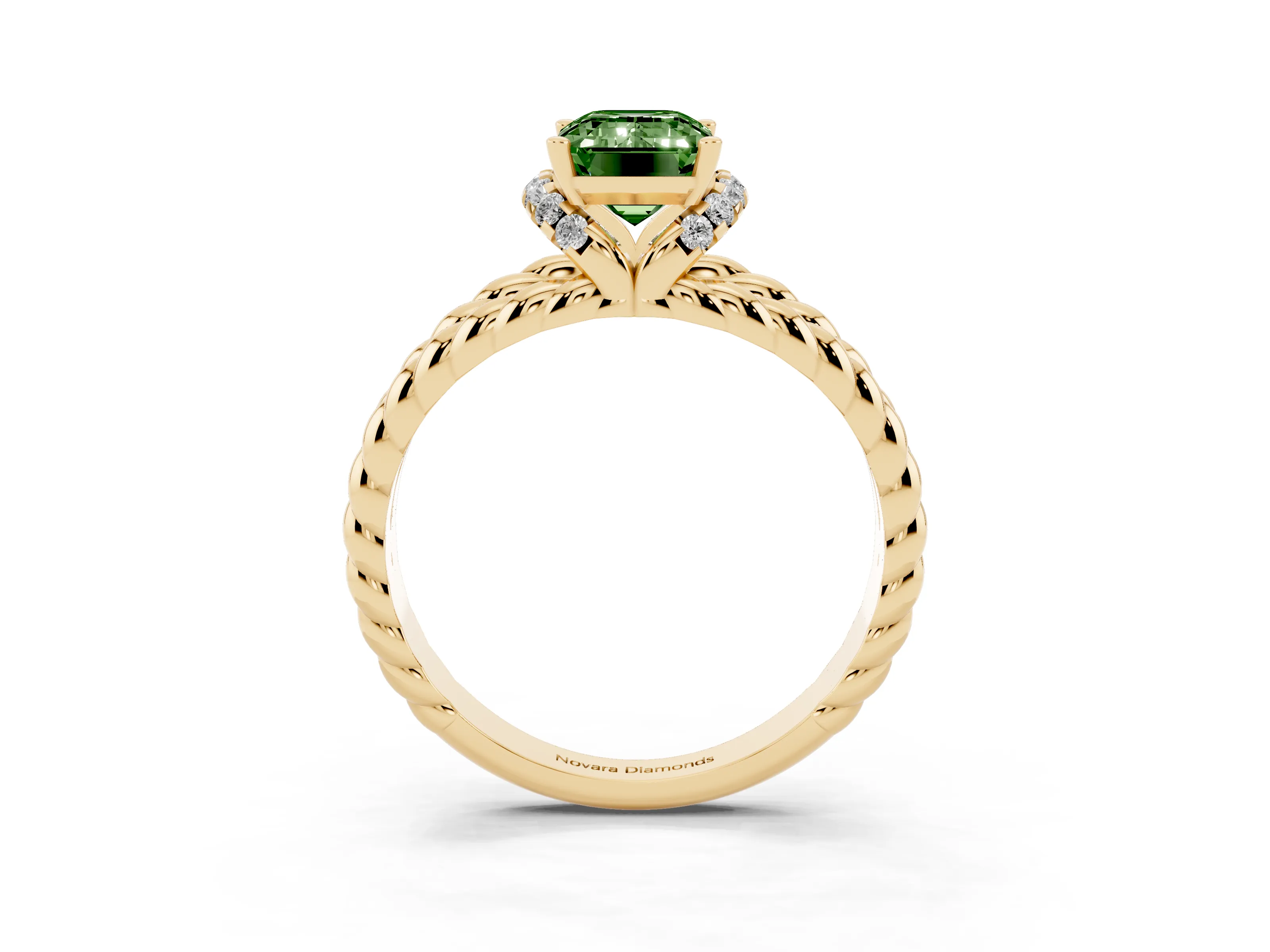 Fancy Green Emerald Cut Diamond Halo Ring Set in Yellow gold with Twisted Band and Prong Setting