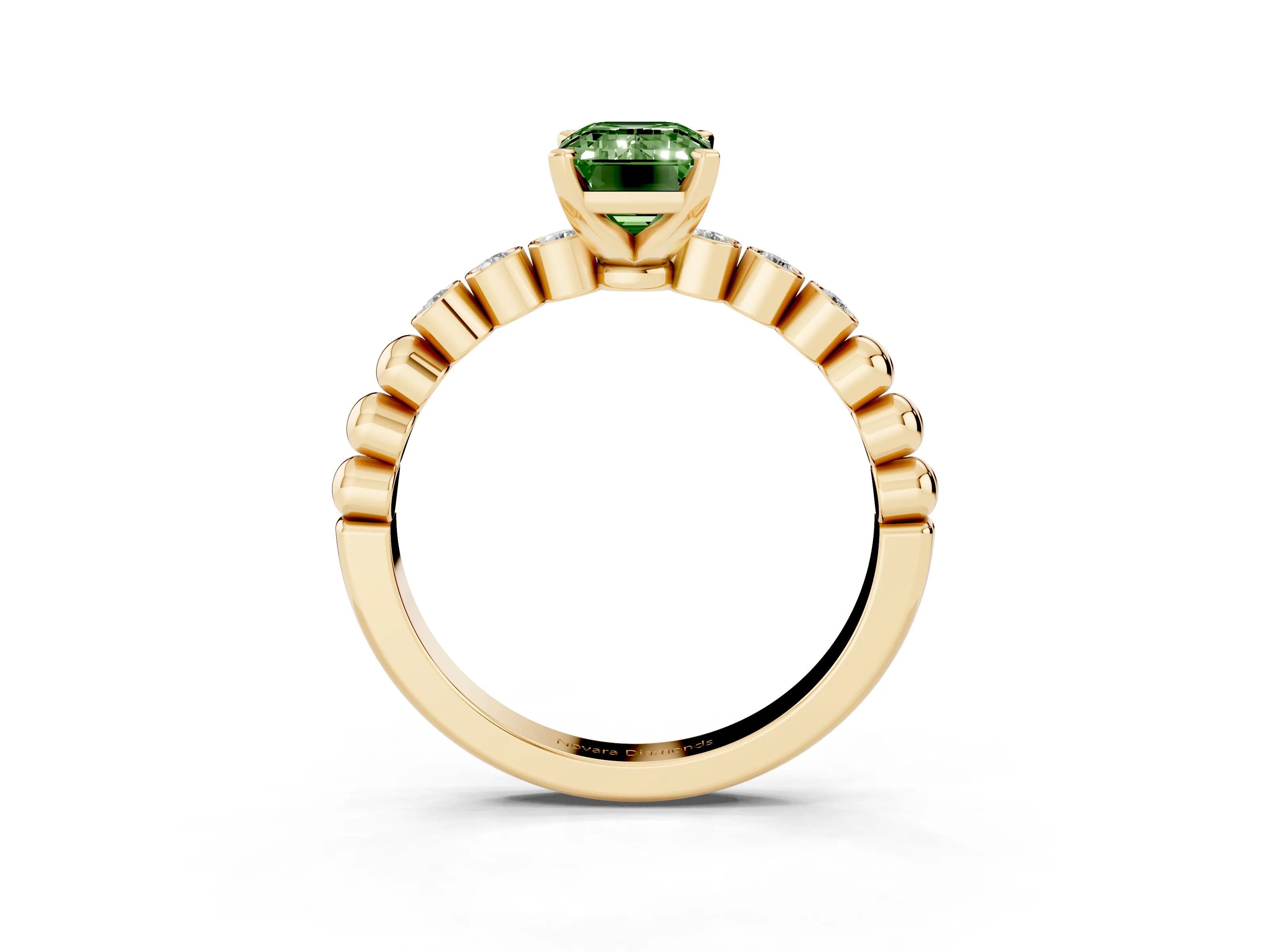 Fancy Green Emerald Cut Diamond Solitaire Engagement Ring Set in Yellow gold with Bezel Accents on Beaded Band
