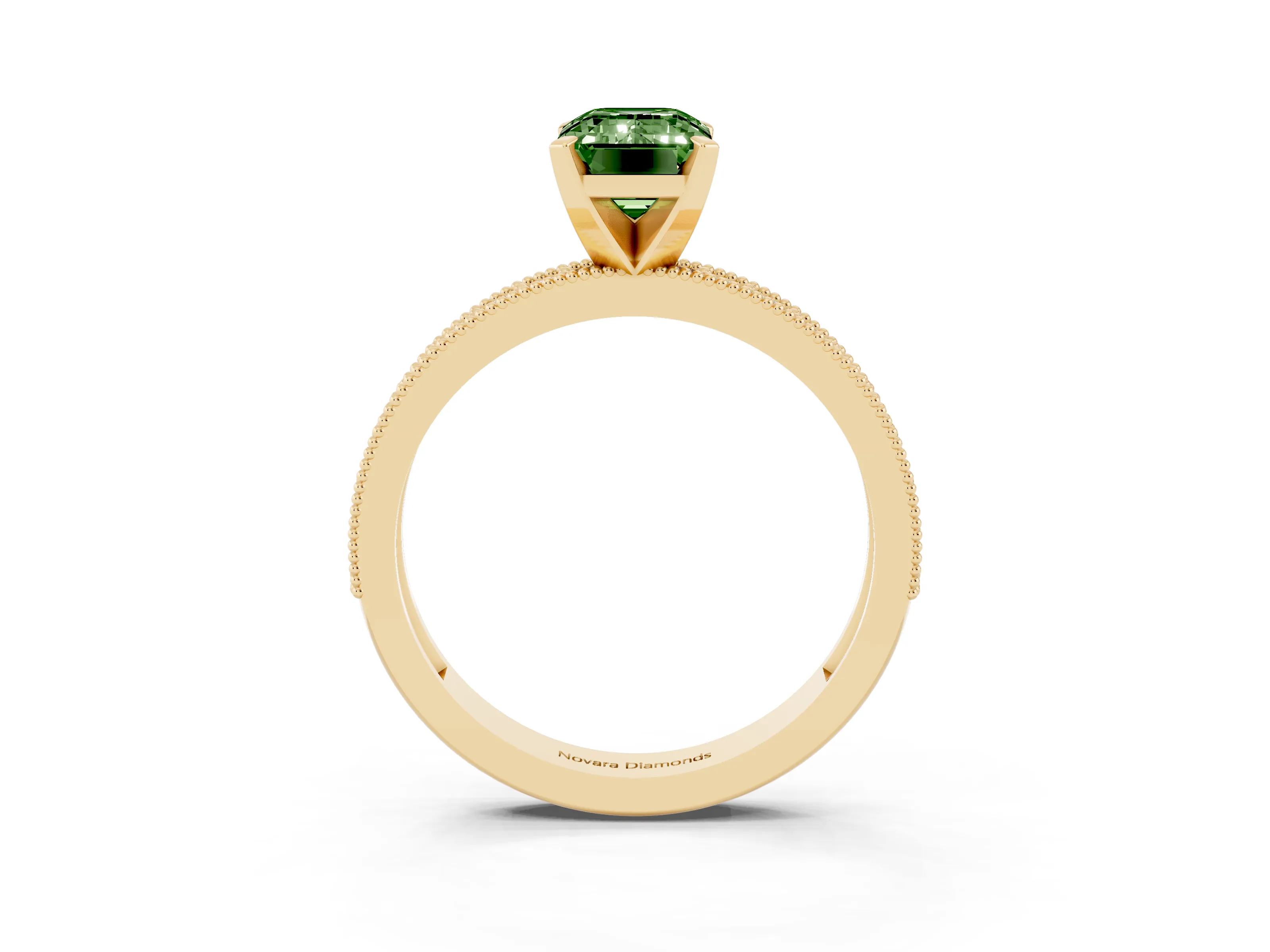Fancy Green Emerald Cut Diamond Milgrain Pavé Engagement Ring Set in Yellow gold with Prong Setting