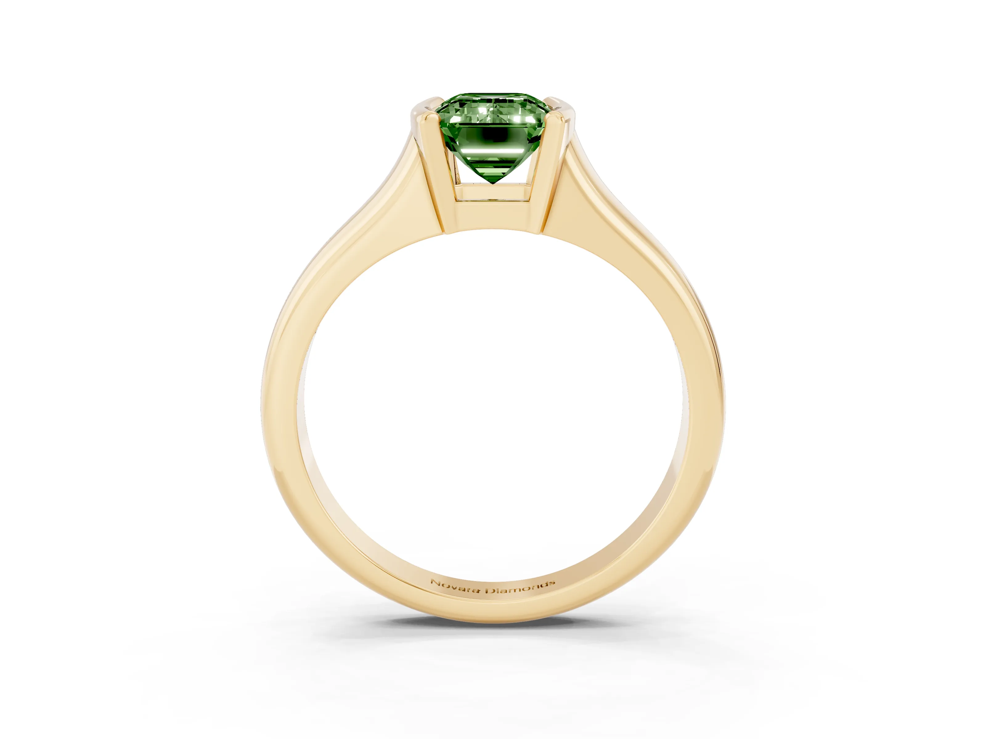 Fancy Green Emerald Cut Diamond Solitaire Tension Set Ring Set in Yellow gold with Split Shank Band