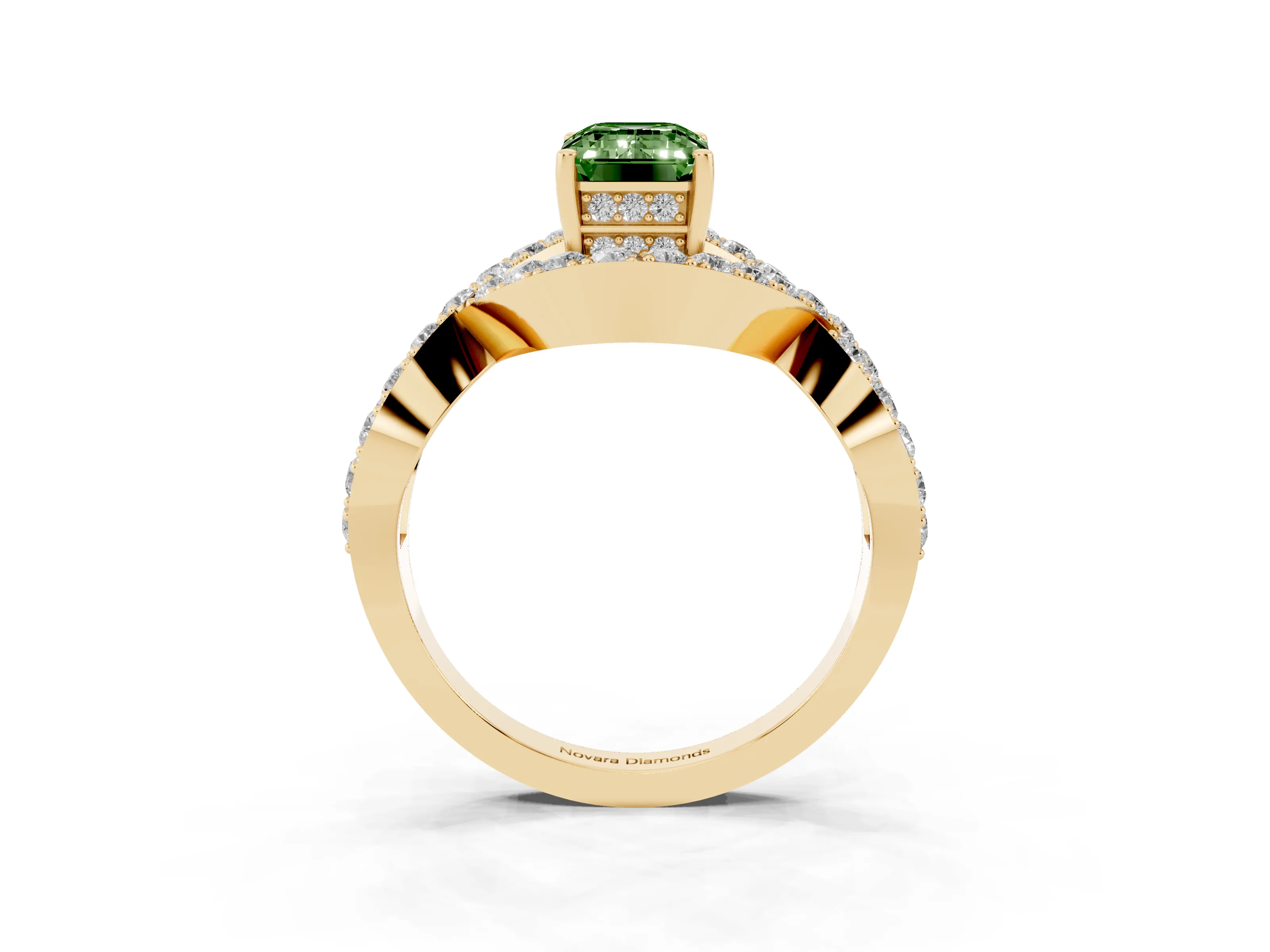 Fancy Green Emerald Cut Diamond Solitaire Twist Band Pavé Engagement Ring Set in Yellow gold
