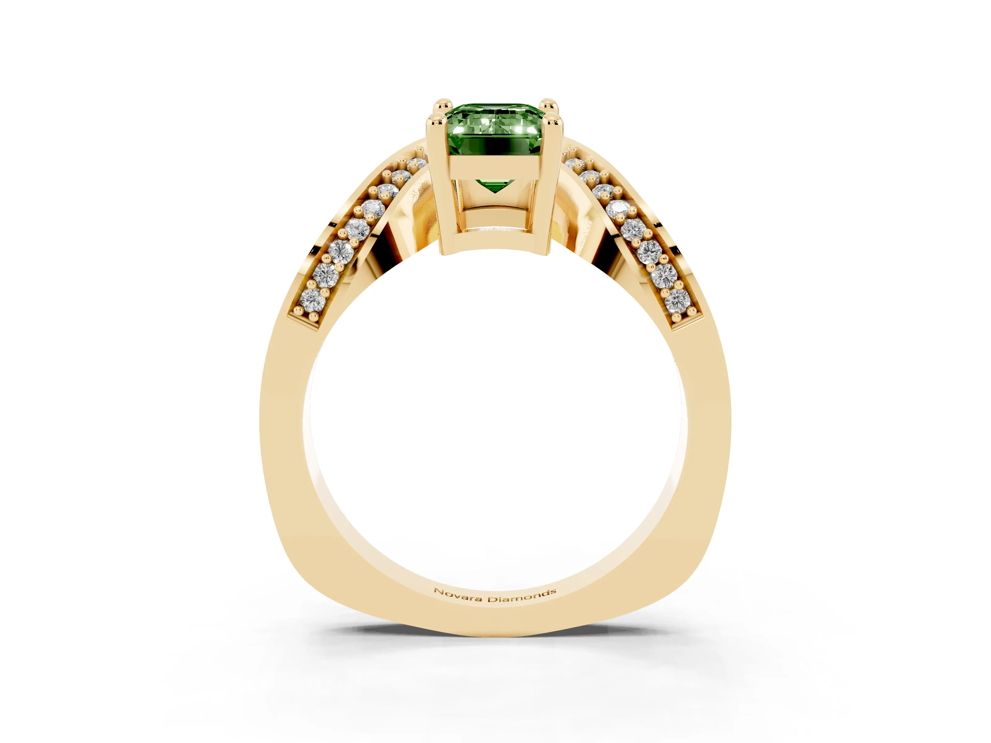 Fancy Green Emerald Cut Diamond Solitaire Engagement Ring Set in Yellow gold with Pavé Shoulders