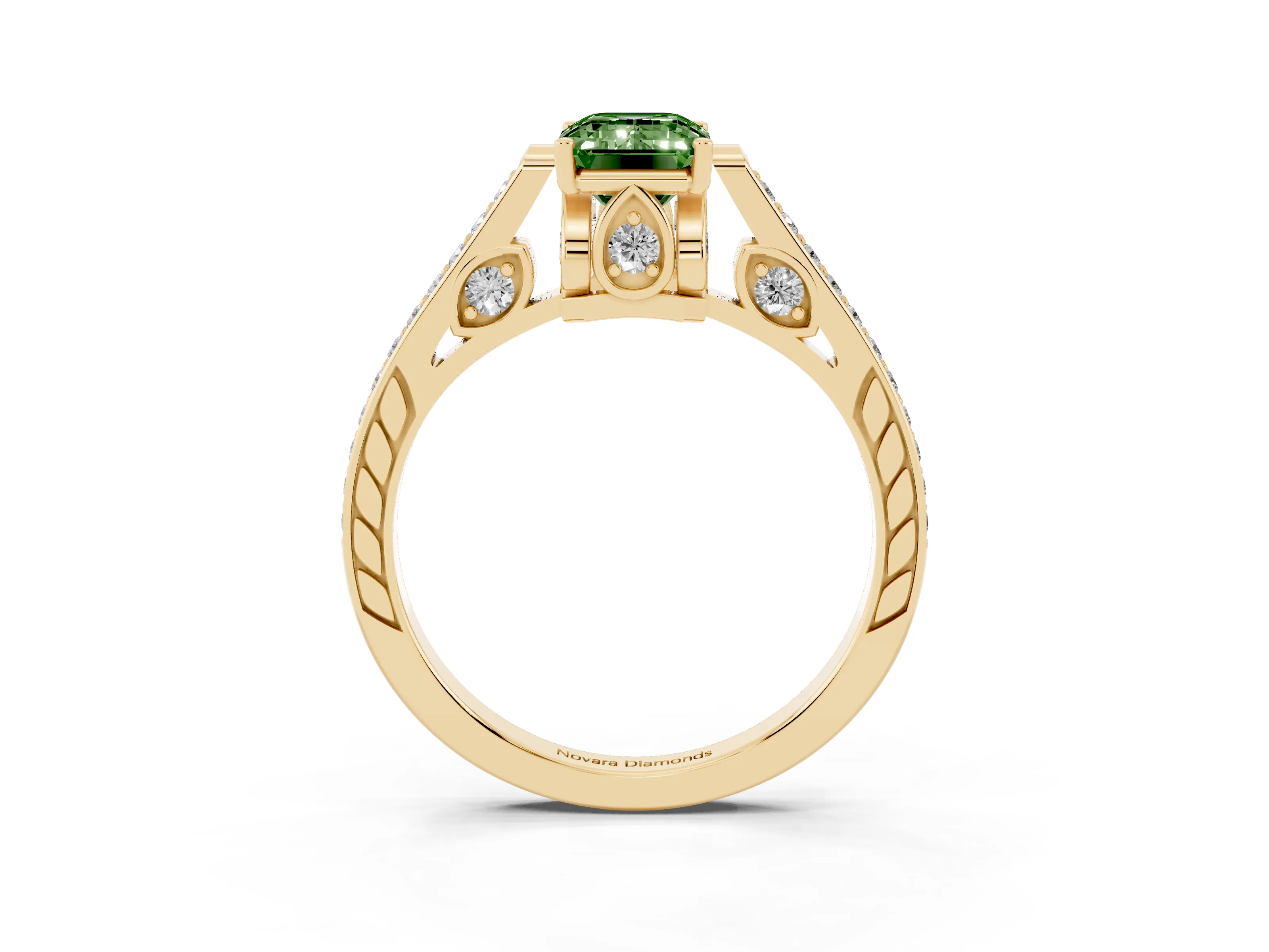 Fancy Green Emerald Cut Diamond Cathedral Pavé Engagement Ring Set in Yellow gold with Prong Setting