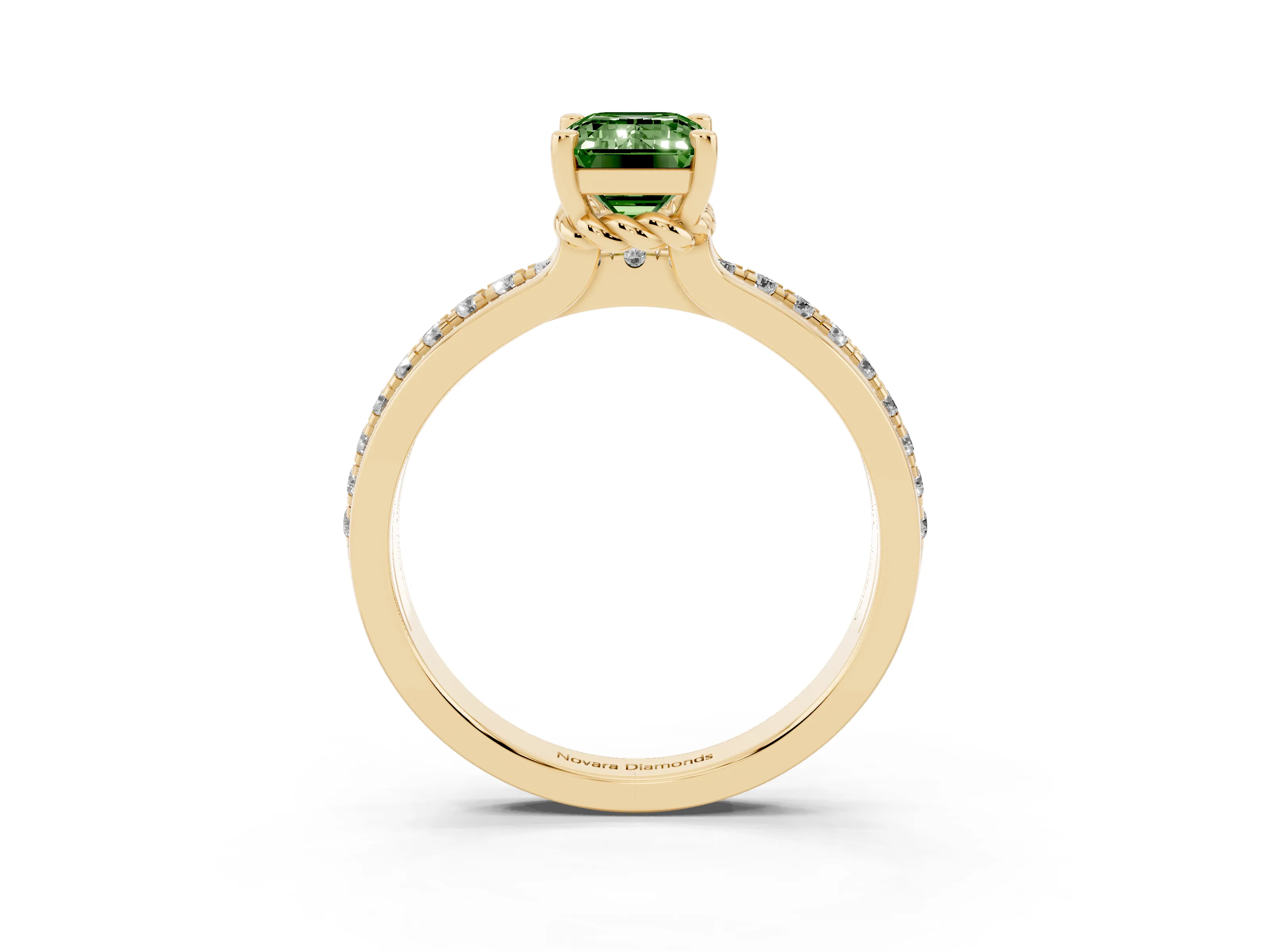Fancy Green Emerald Cut Diamond Solitaire Ring Set in Yellow gold with Channel Set Band and Prong Setting