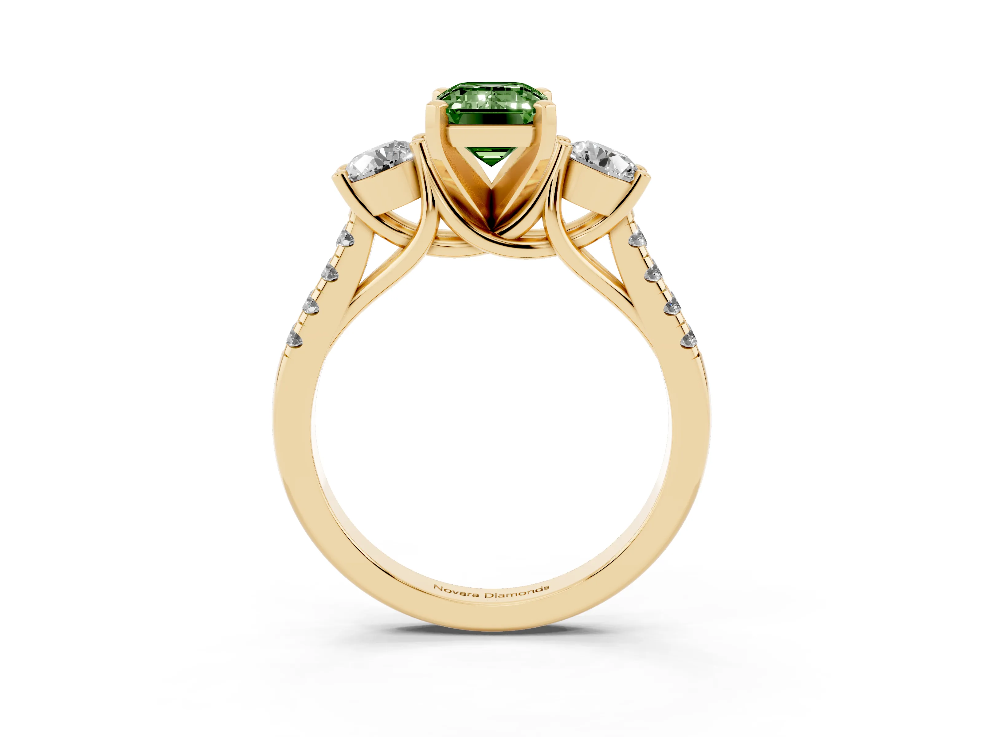 Fancy Green Three-Stone Emerald Cut Diamond Pavé Band Ring Set in Yellow gold with Prong-Set Trio