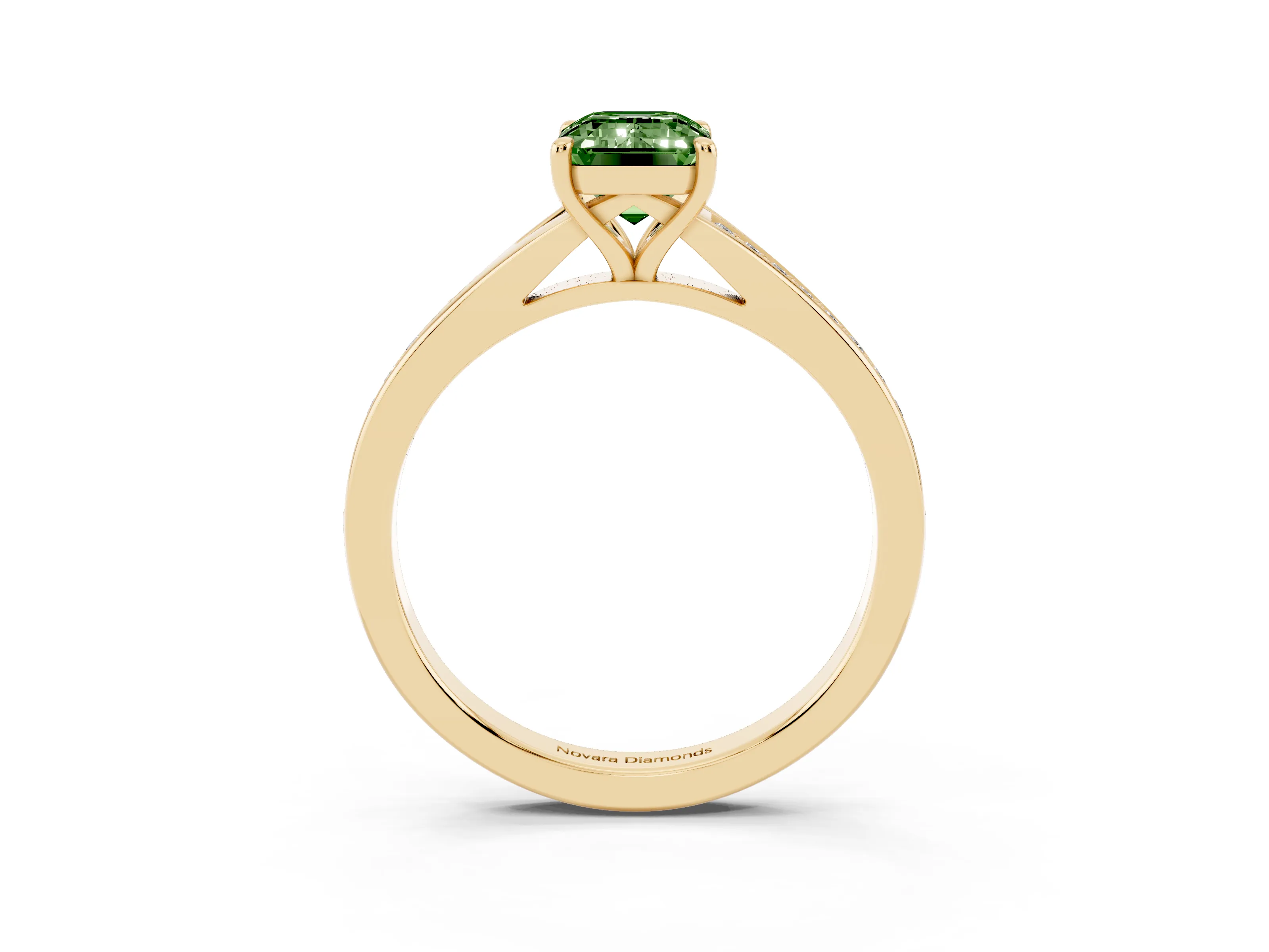 Fancy Green Emerald Cut Diamond Solitaire Ring Set in Yellow gold with Pavé Accent Band and Classic Prong Setting