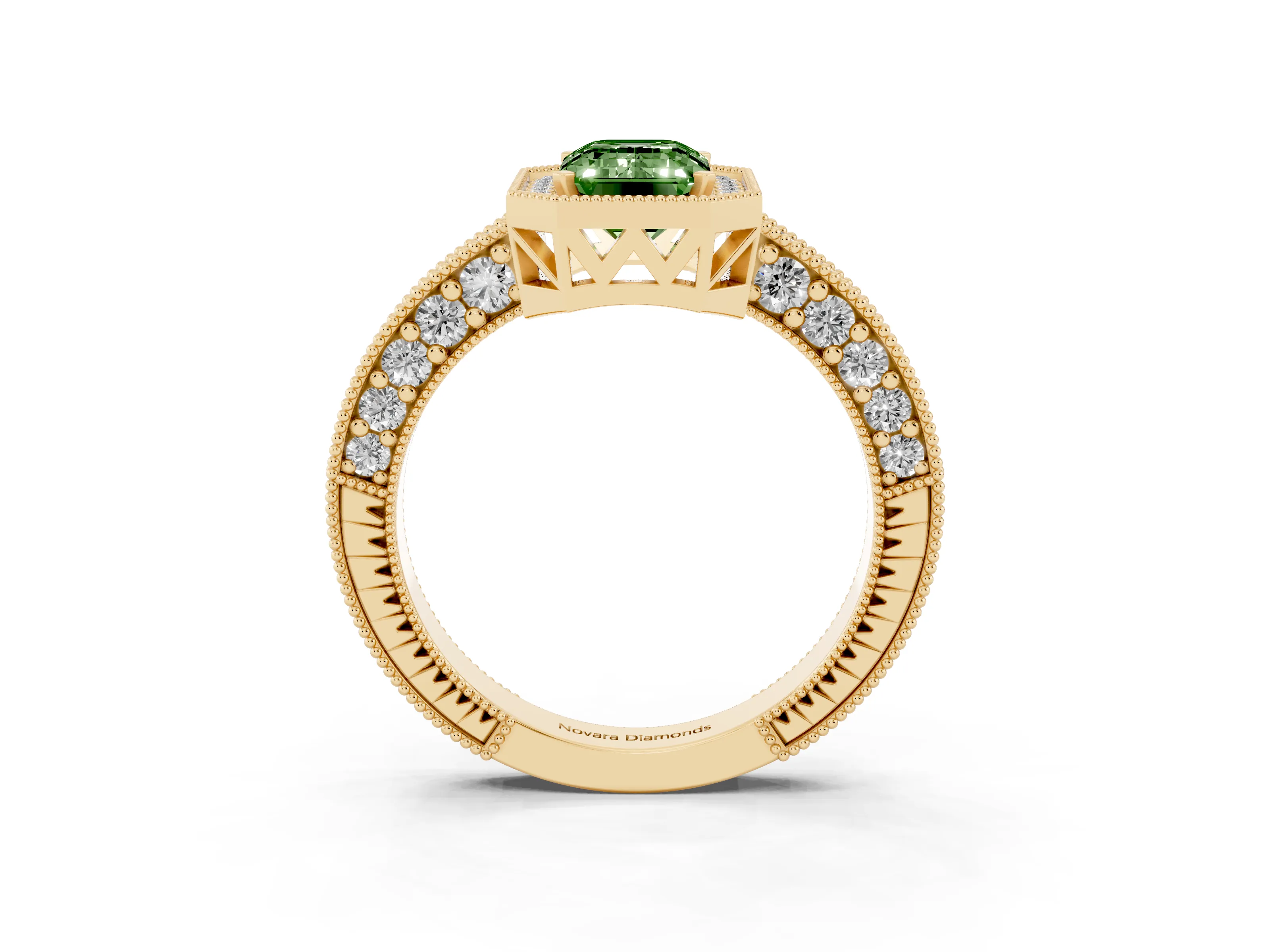 Fancy Green Emerald Cut Diamond Halo Pavé Band Ring Set in Yellow gold with Prong-Set Center