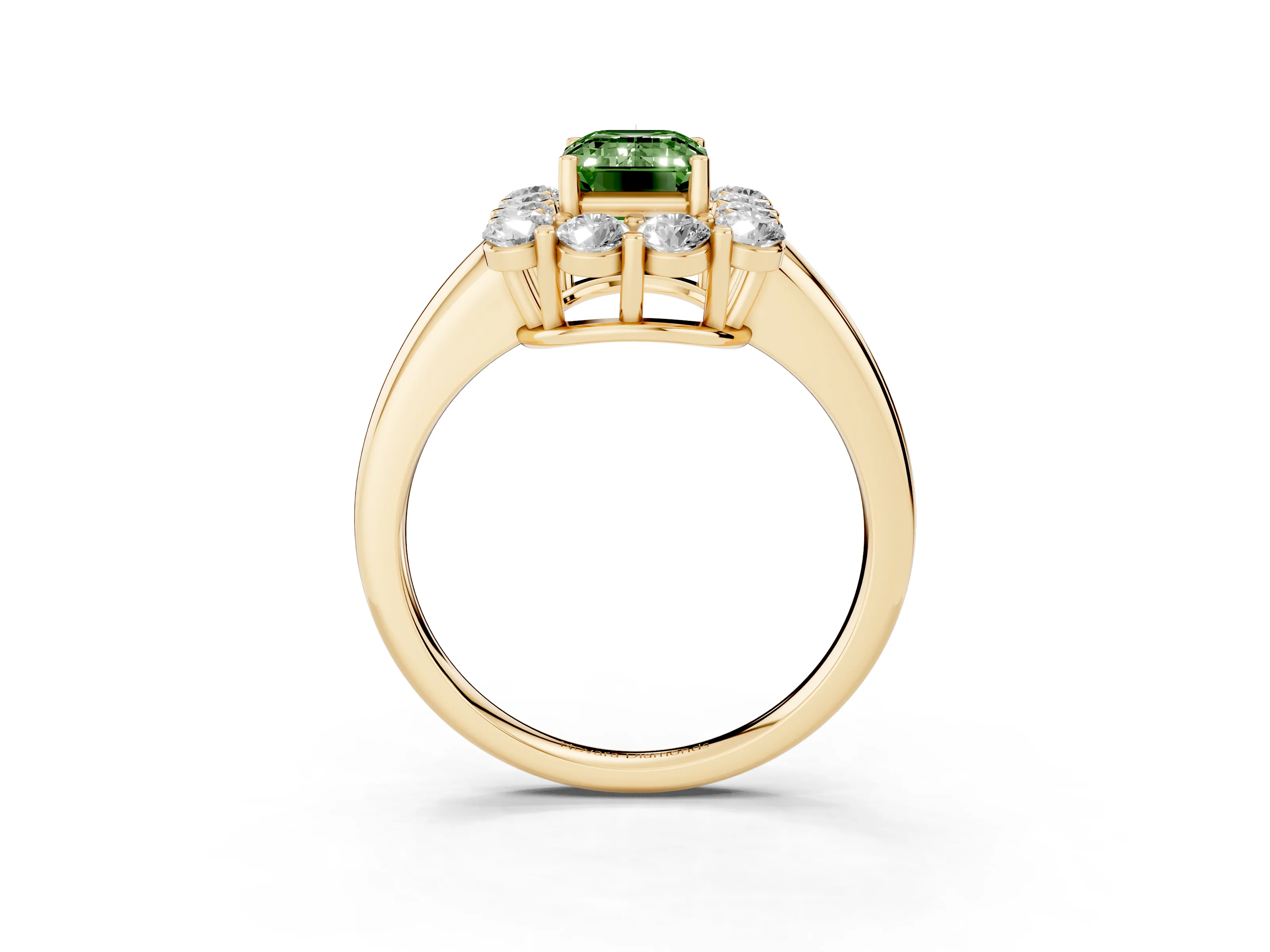 Fancy Green Emerald Cut Diamond Halo Cluster Engagement Ring Set in Yellow gold with Polished Band and Prong Setting