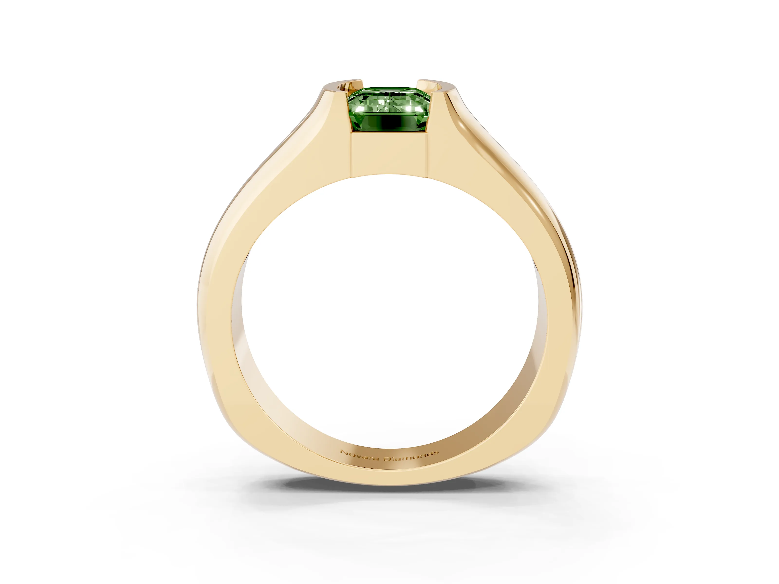 Fancy Green Emerald Cut Diamond Bezel Solitaire Ring Set in Yellow gold with Wide Band
