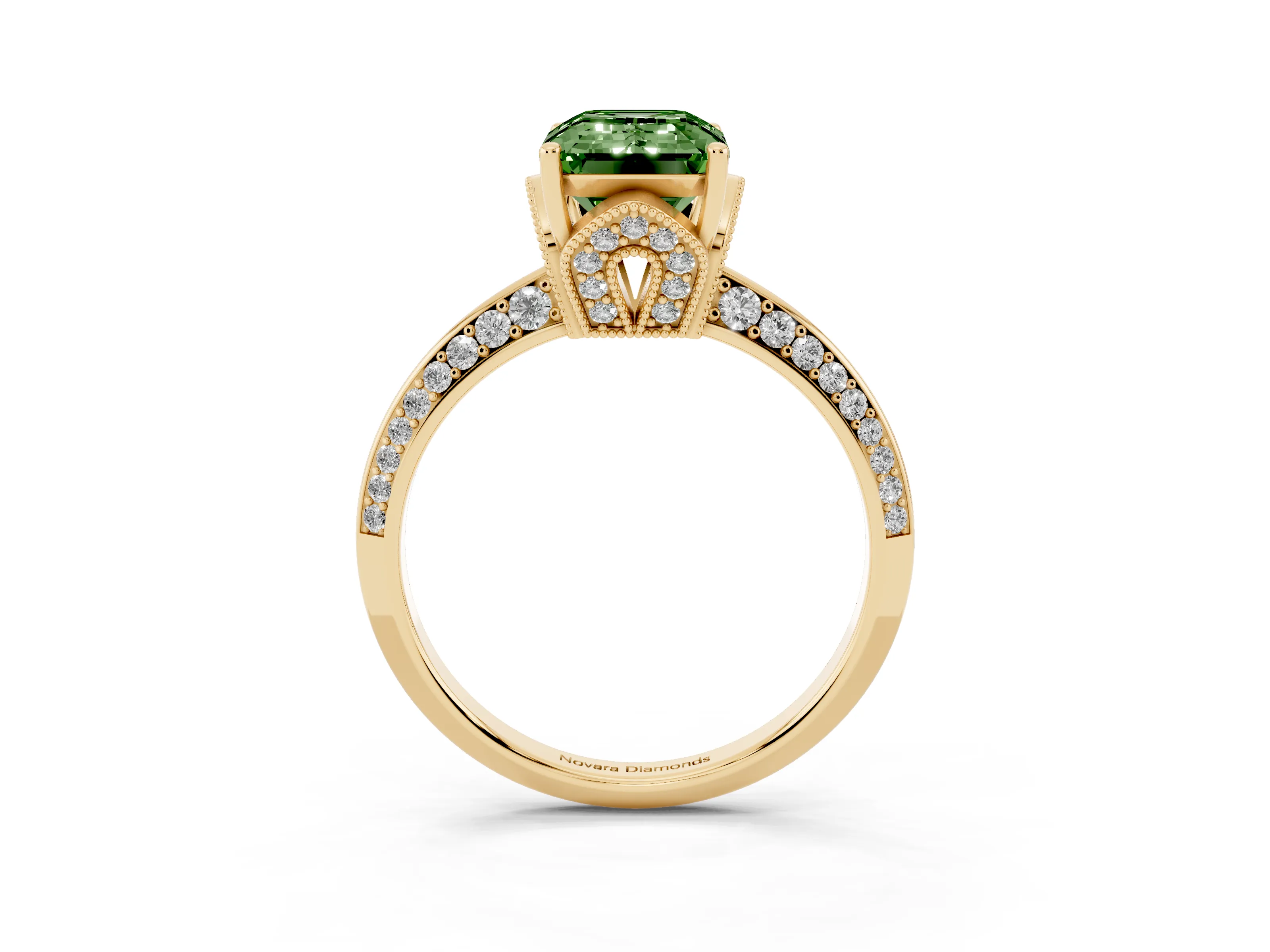 Fancy Green Emerald Cut Diamond Solitaire Engagement Ring Set in Yellow gold with Pavé Split Shank and Prong Setting